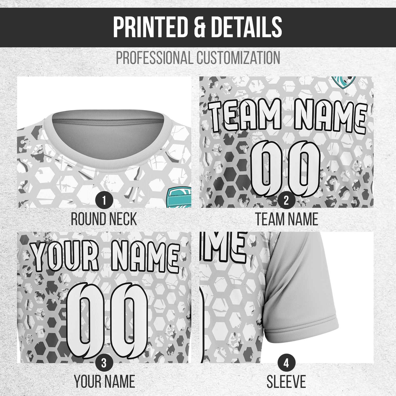 Custom Hex R-Full Pattern Soccer Grey Sport Tops Jersey
