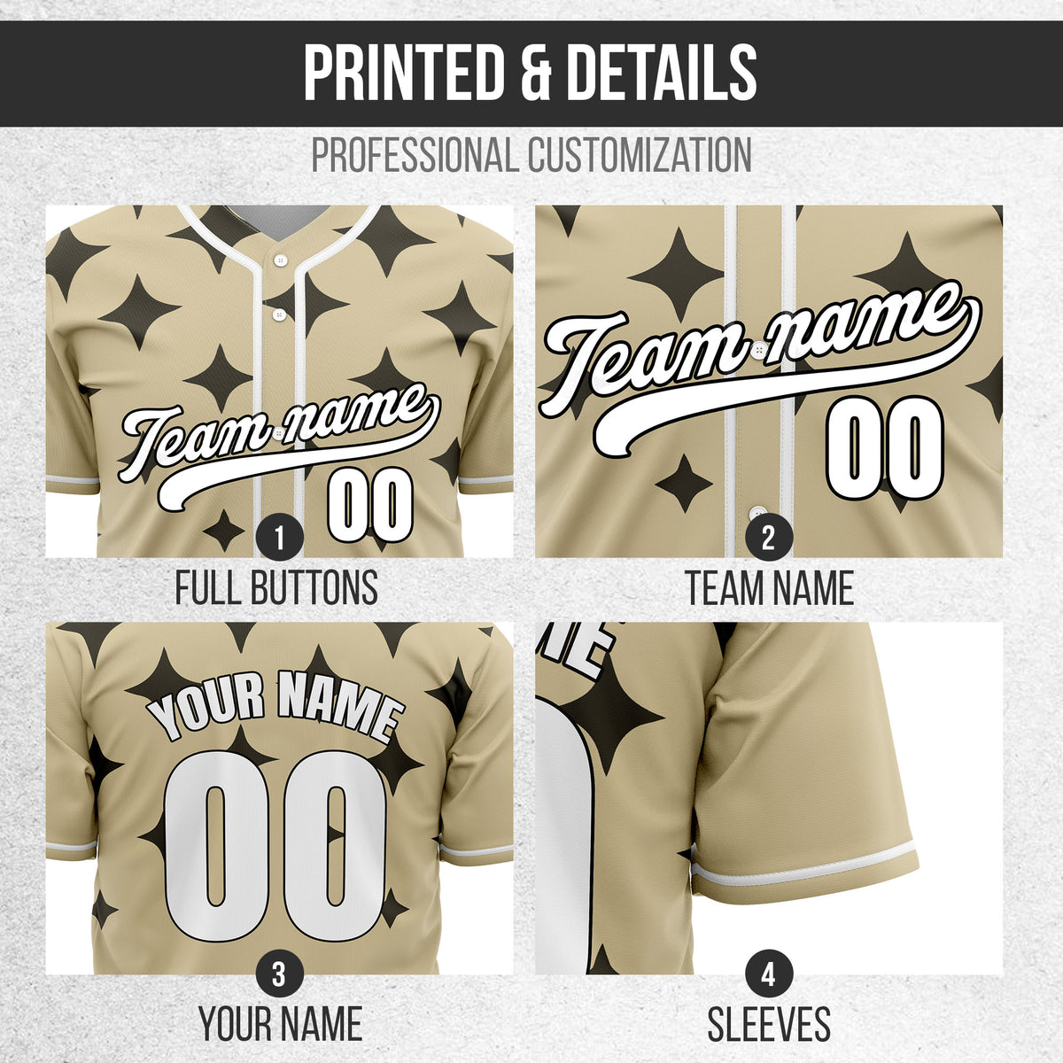 Custom Starlight Khaki Baseball Sports Jersey Personalized Uniform with Name & Number