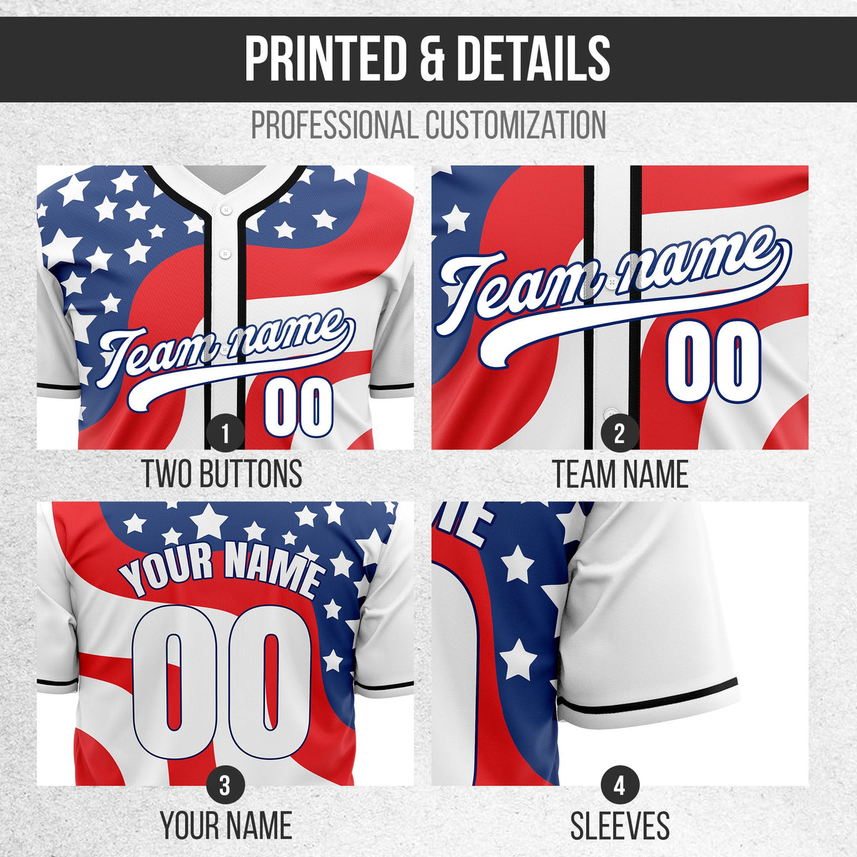 Custom Patriot Spirit Baseball Sports Jersey Personalized Uniform with Name & Number