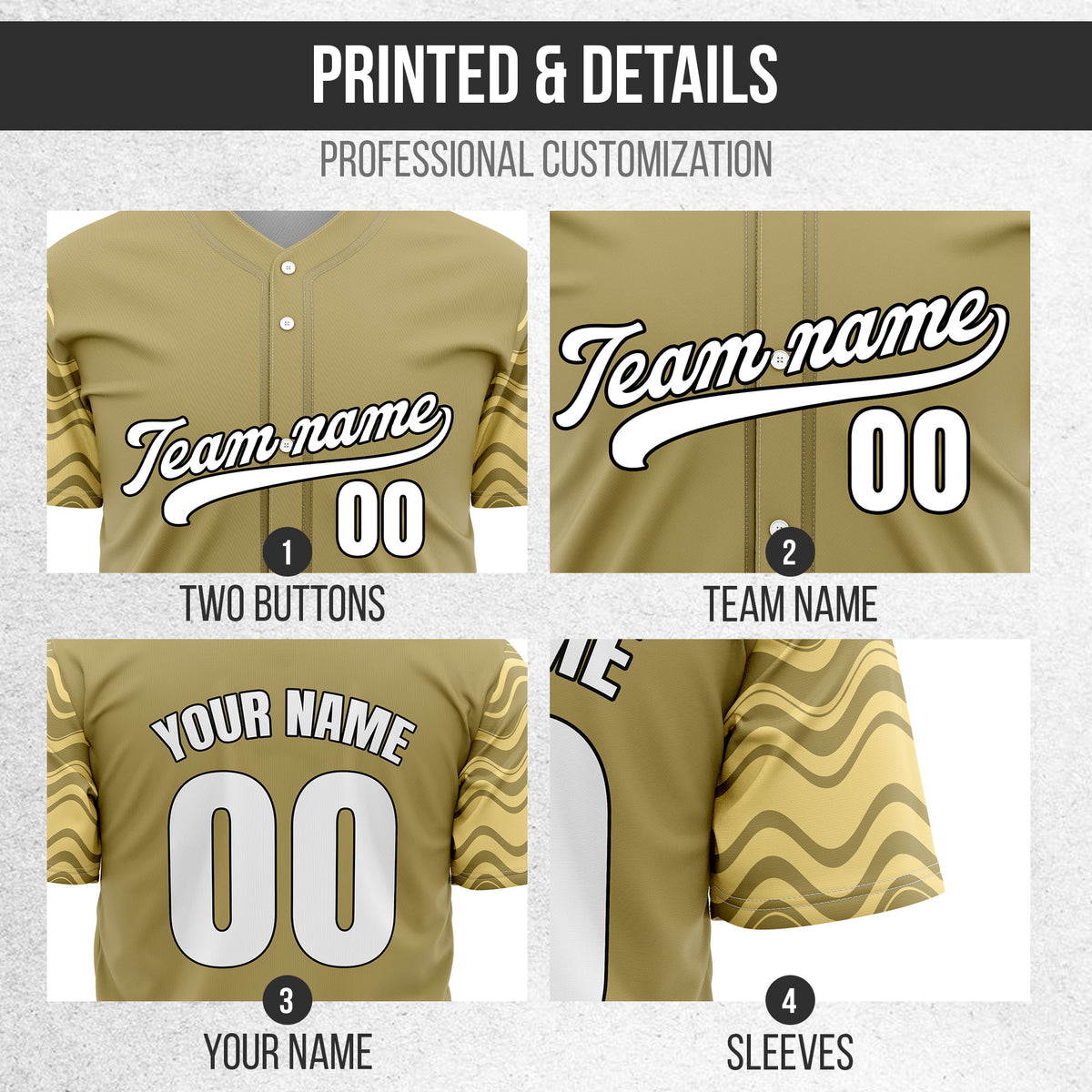 Custom Wave Khaki Baseball Sports Jerseys Personalized Uniform with Name & Number