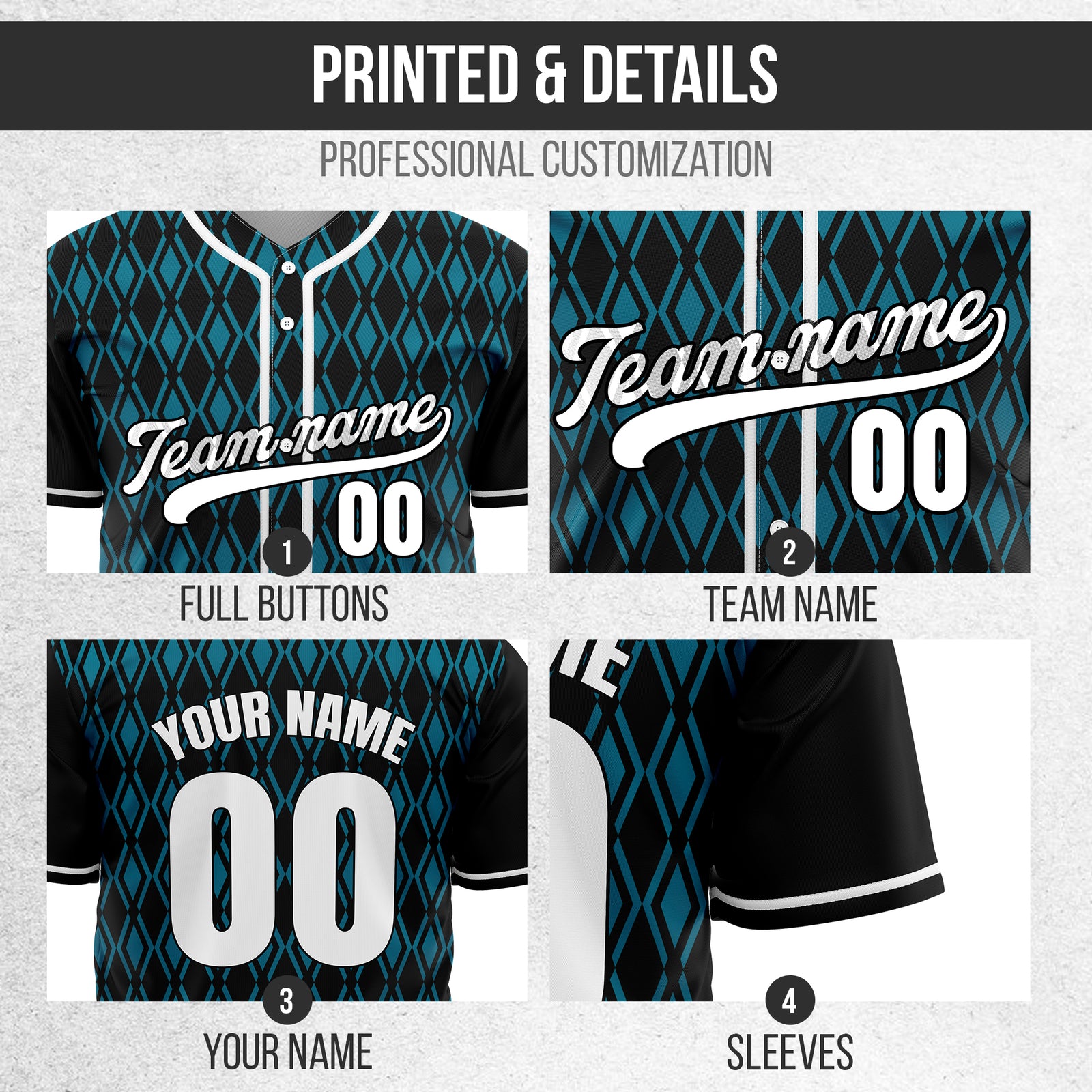 Custom Rhombic Edge Black Baseball  Sports Jersey Personalized Uniform with Name & Number