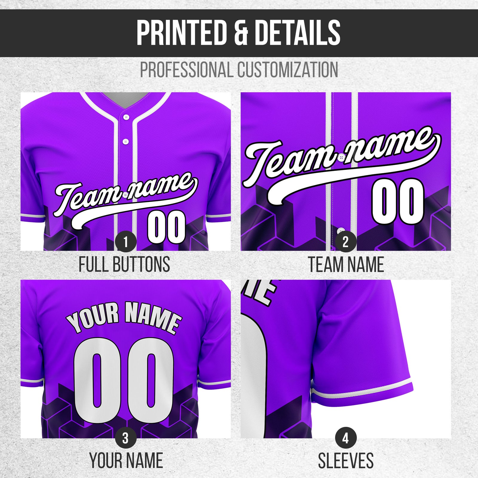 Custom Grid Iron Purple Baseball Sports Jersey Personalized Uniform with Name & Number