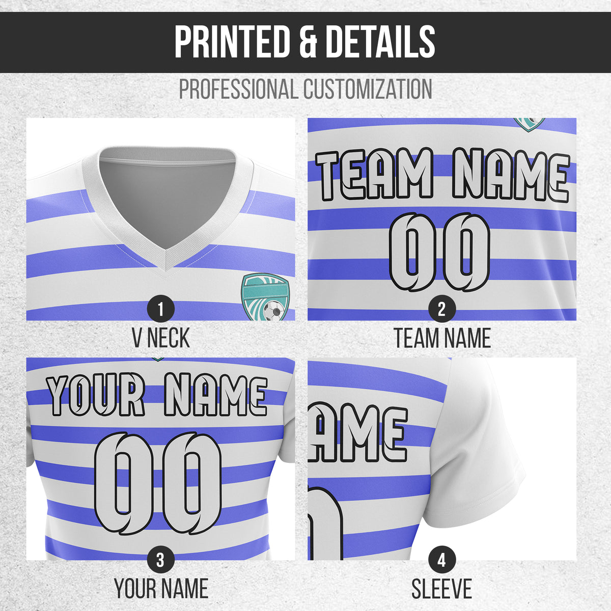 Custom Royal Stripe V-Neck White Soccer sport Tops Jersey