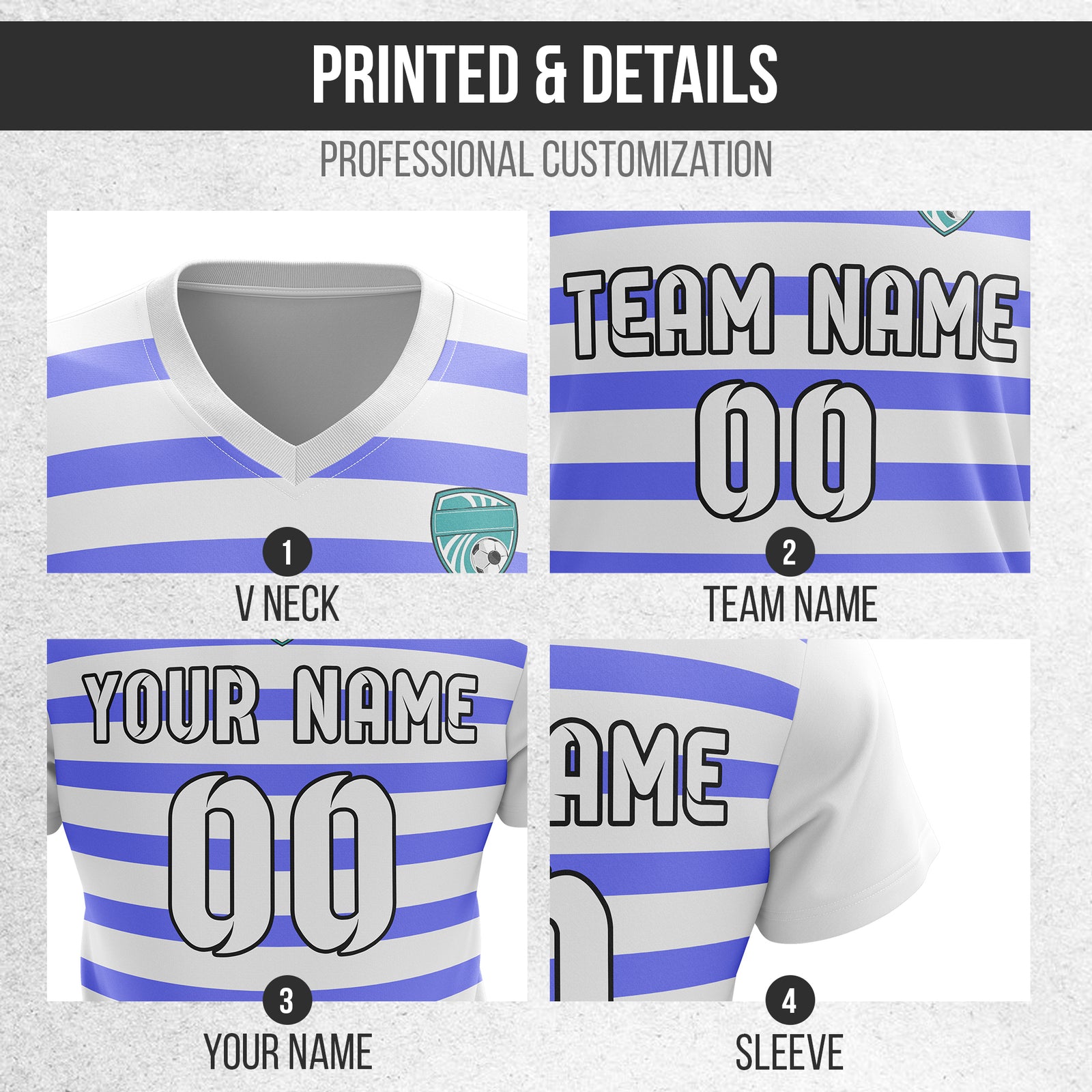 Custom Royal Stripe V-Neck White Soccer sport Tops Jersey