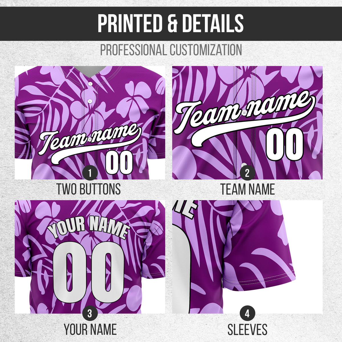 Custom Hawaiian Purple Baseball Sports Jersey Personalized Uniform with Name & Number