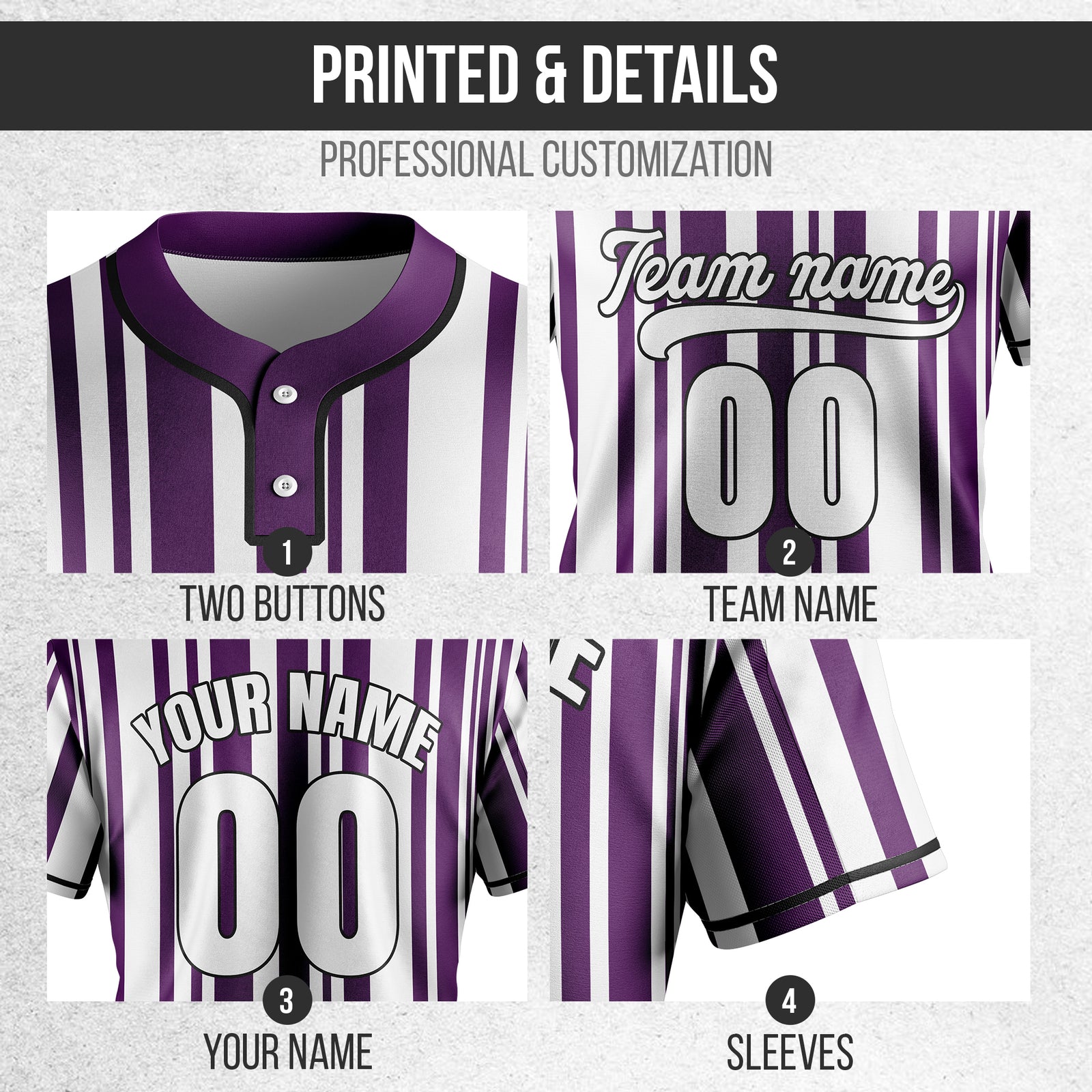 Custom Stripe Fusion Purple Baseball Sports Jersey Personalized Uniform with Name & Number