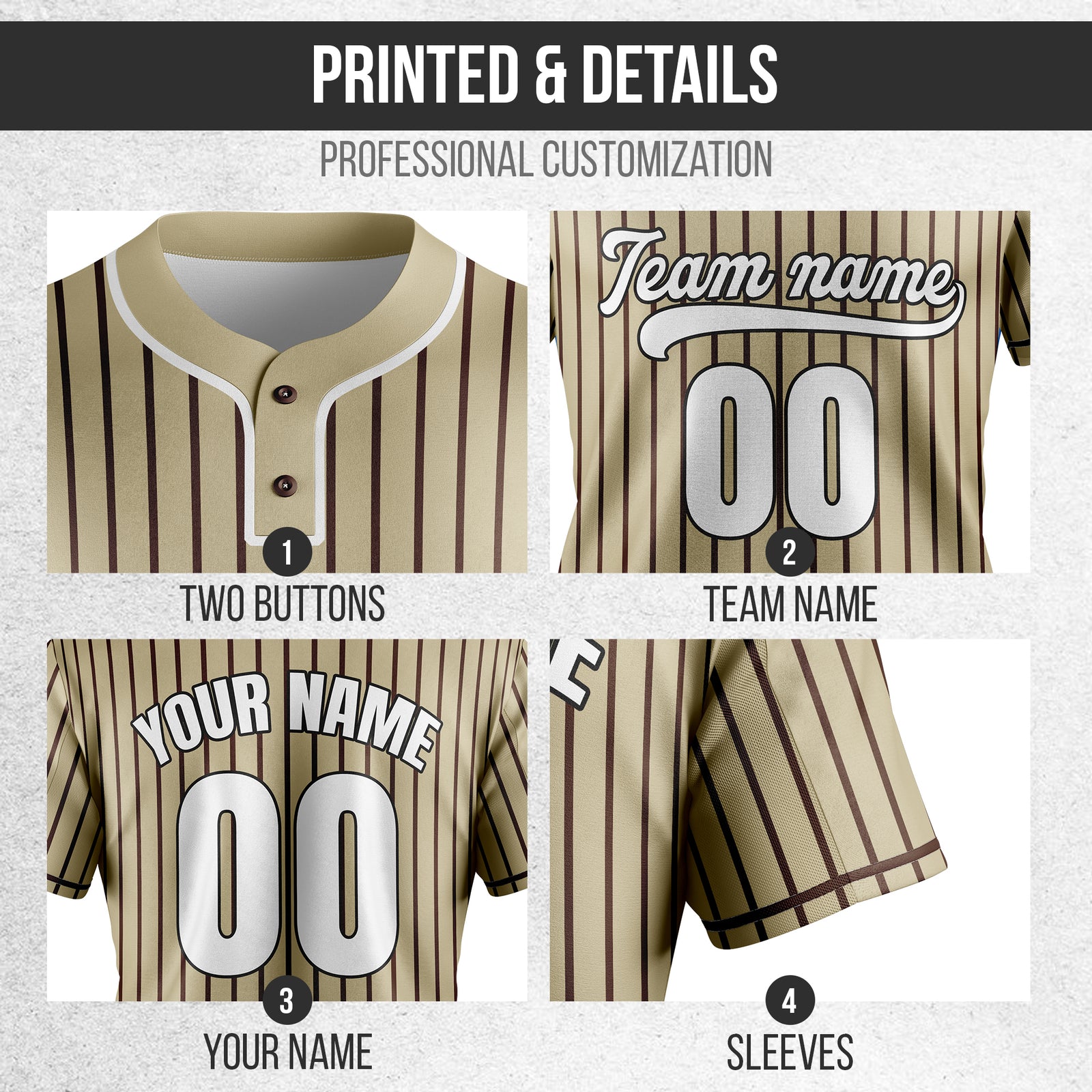 Custom Pinstripe Baseball Khaki Sports Jersey Personalized Uniform with Name & Number