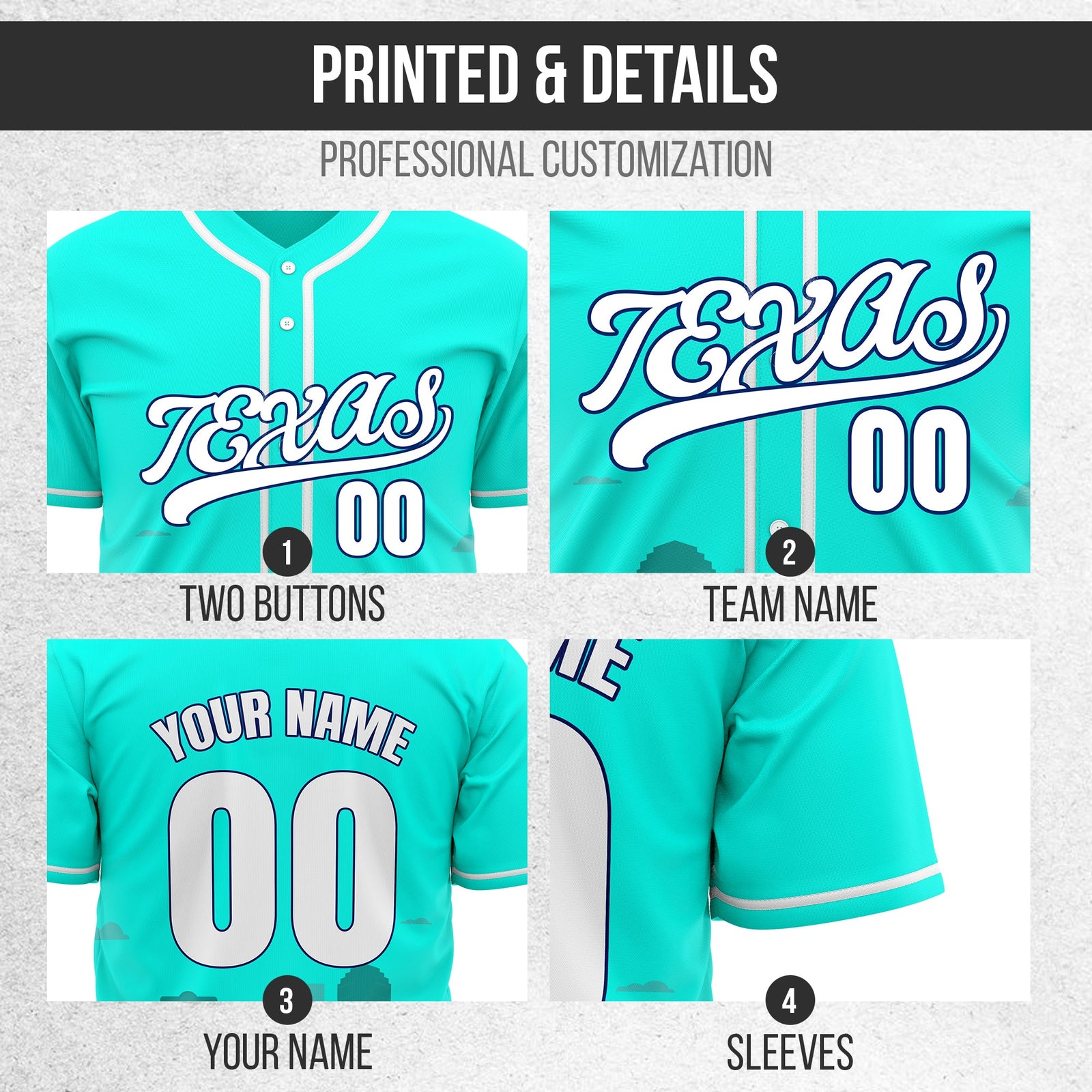 Custom City Lights Aqua Baseball Sports Jersey Personalized Uniform with Name & Number