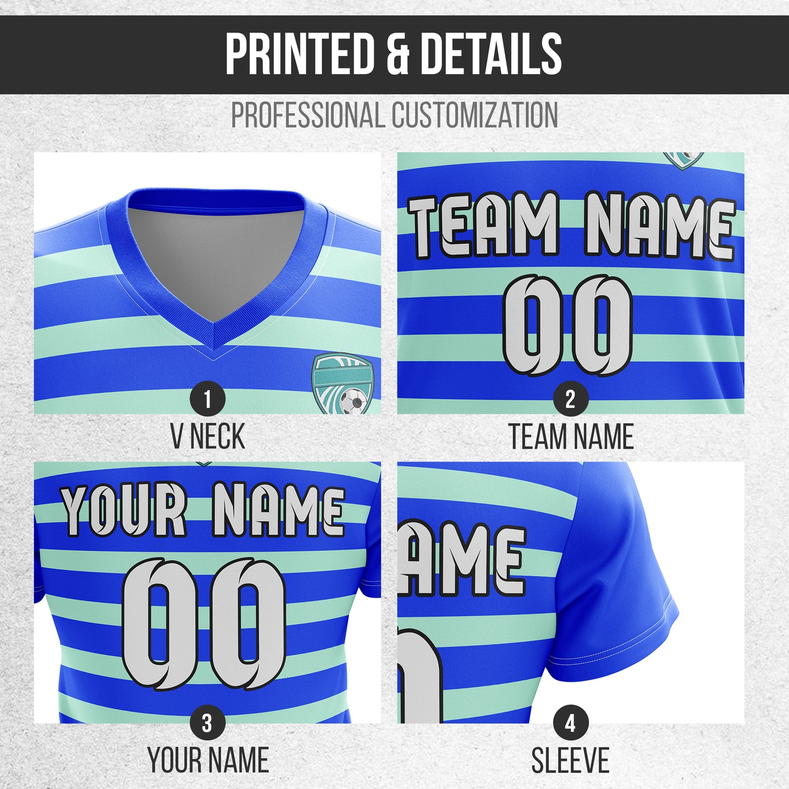 Custom Royal Stripe V-Neck Blue Soccer sport Tops Jersey