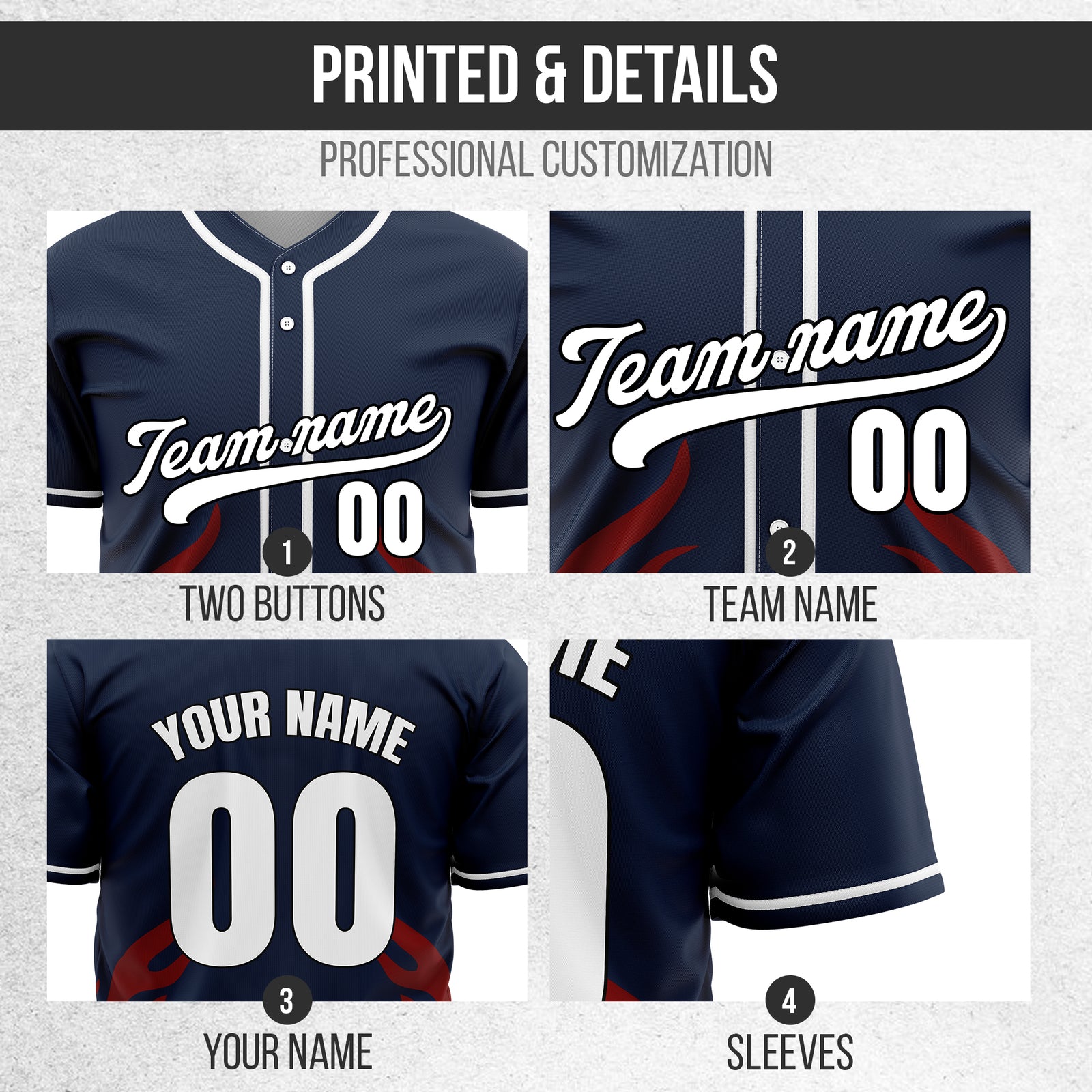 Custom Shadow Flames Navy Baseball Sports Jersey Personalized Uniform with Name & Number