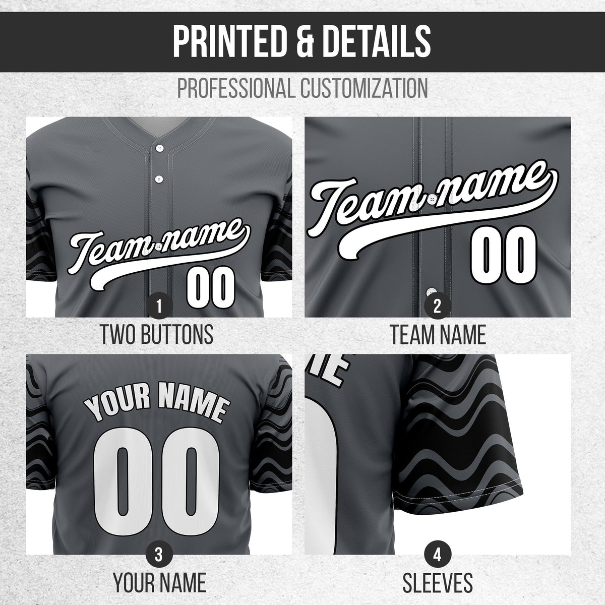 Custom Wave Dark Grey Baseball Sports Jerseys Personalized Uniform with Name & Number