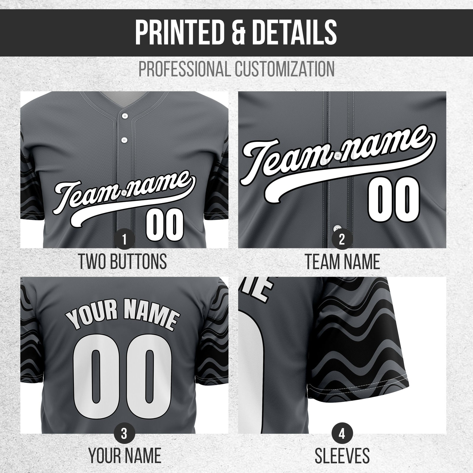 Custom Wave Dark Grey Baseball Sports Jerseys Personalized Uniform with Name & Number