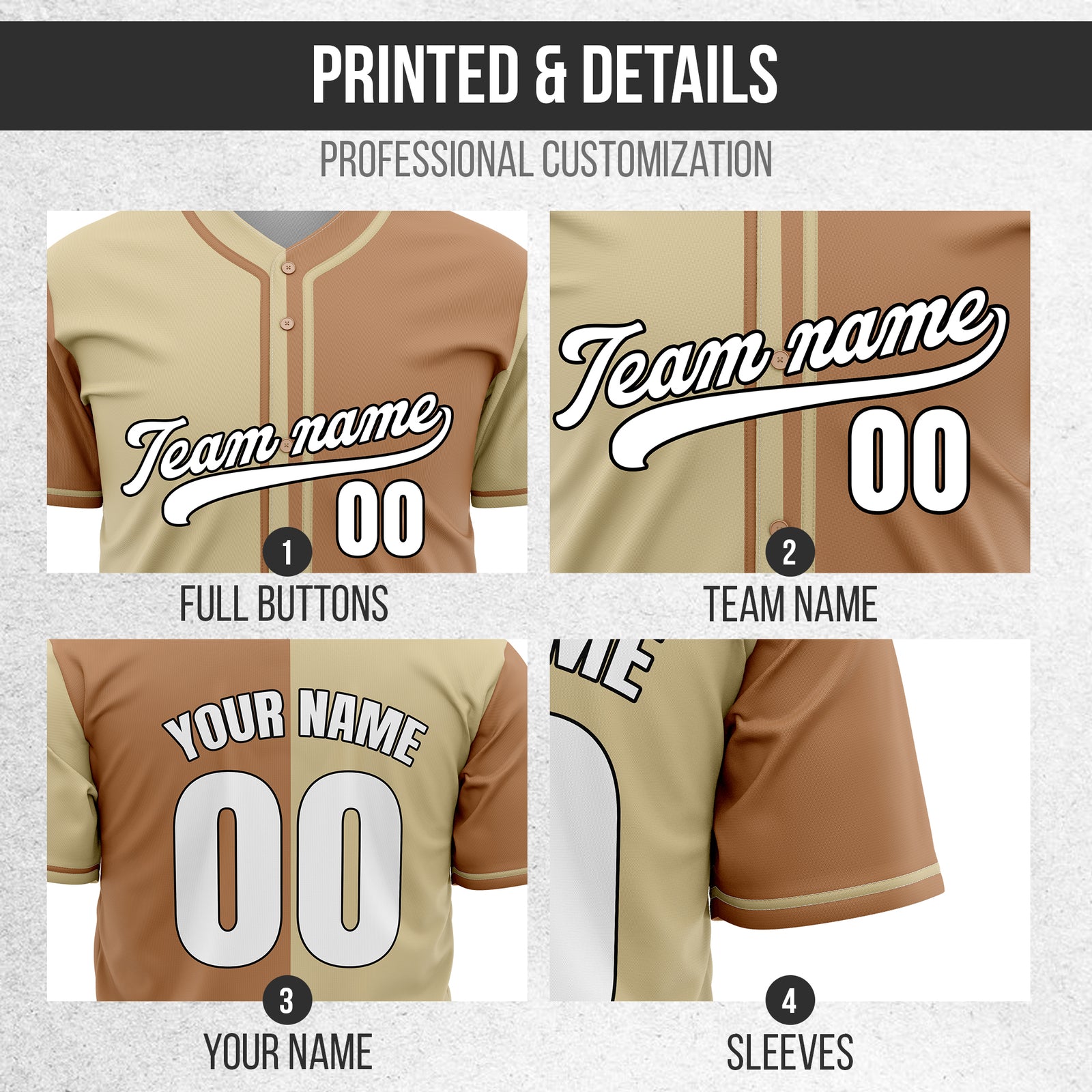 Custom Split Baseball Khaki Sports Jersey Personalized Uniform with Name & Number