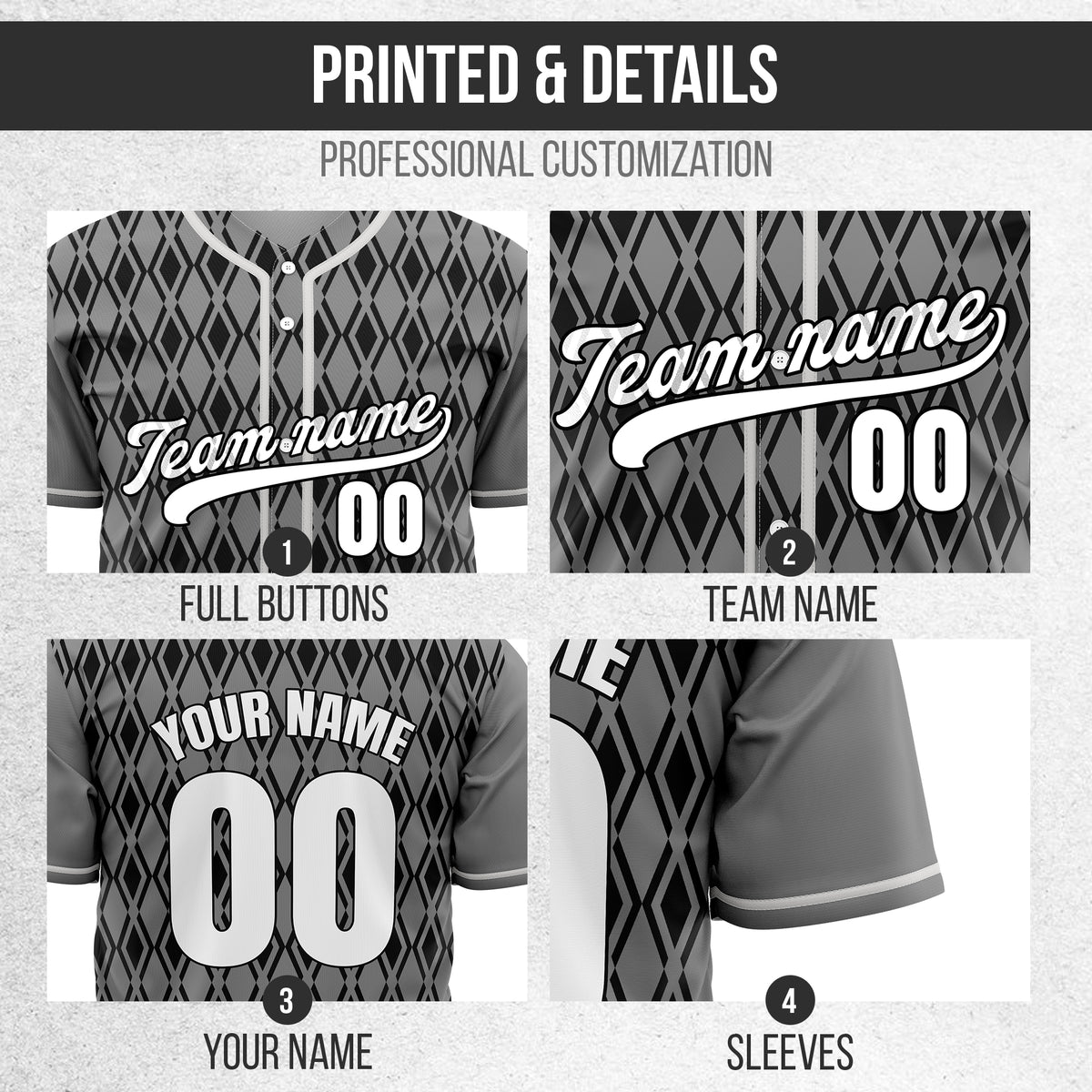 Custom Rhombic Edge Grey Baseball Sports Jersey Personalized Uniform with Name & Number
