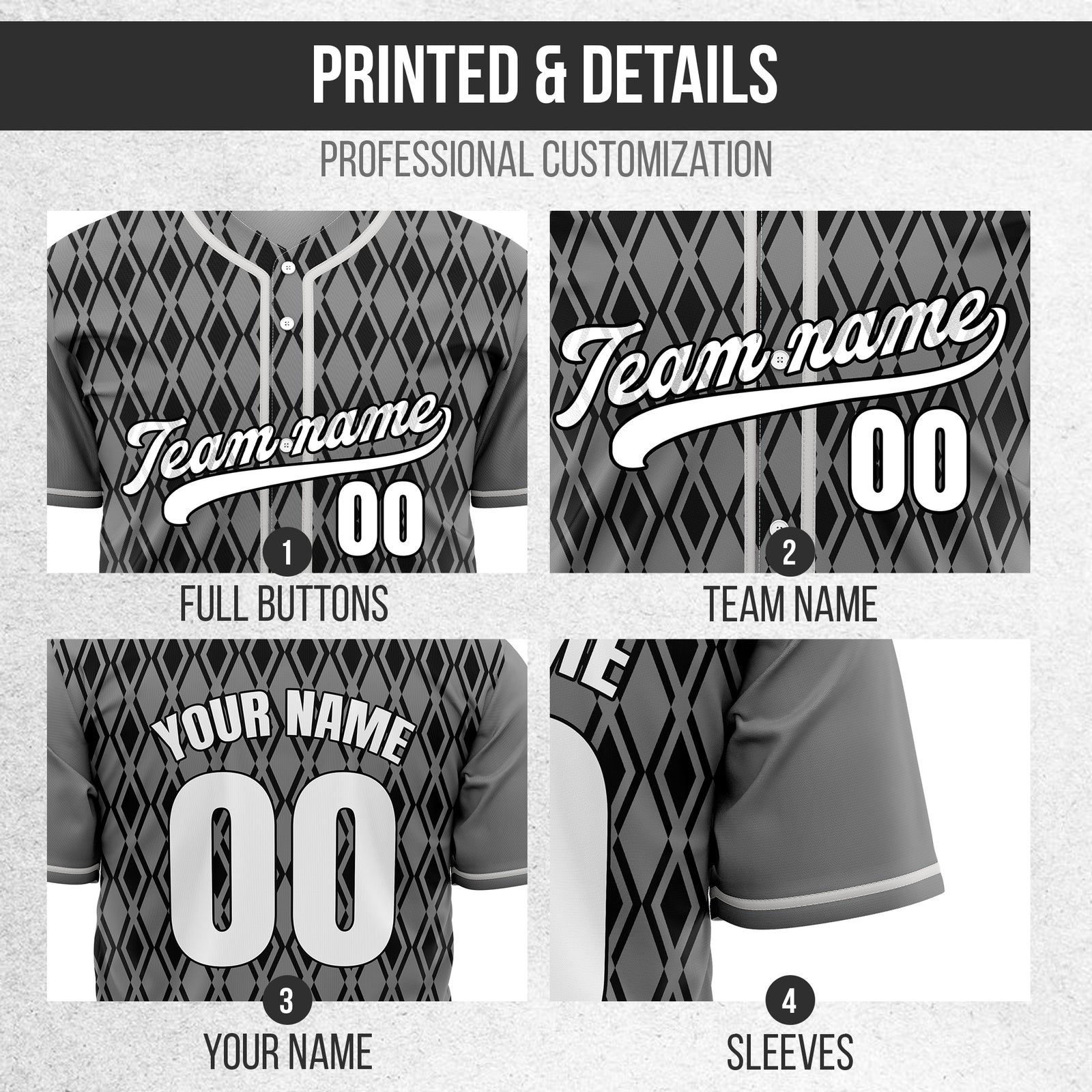 Custom Rhombic Edge Grey Baseball Sports Jersey Personalized Uniform with Name & Number