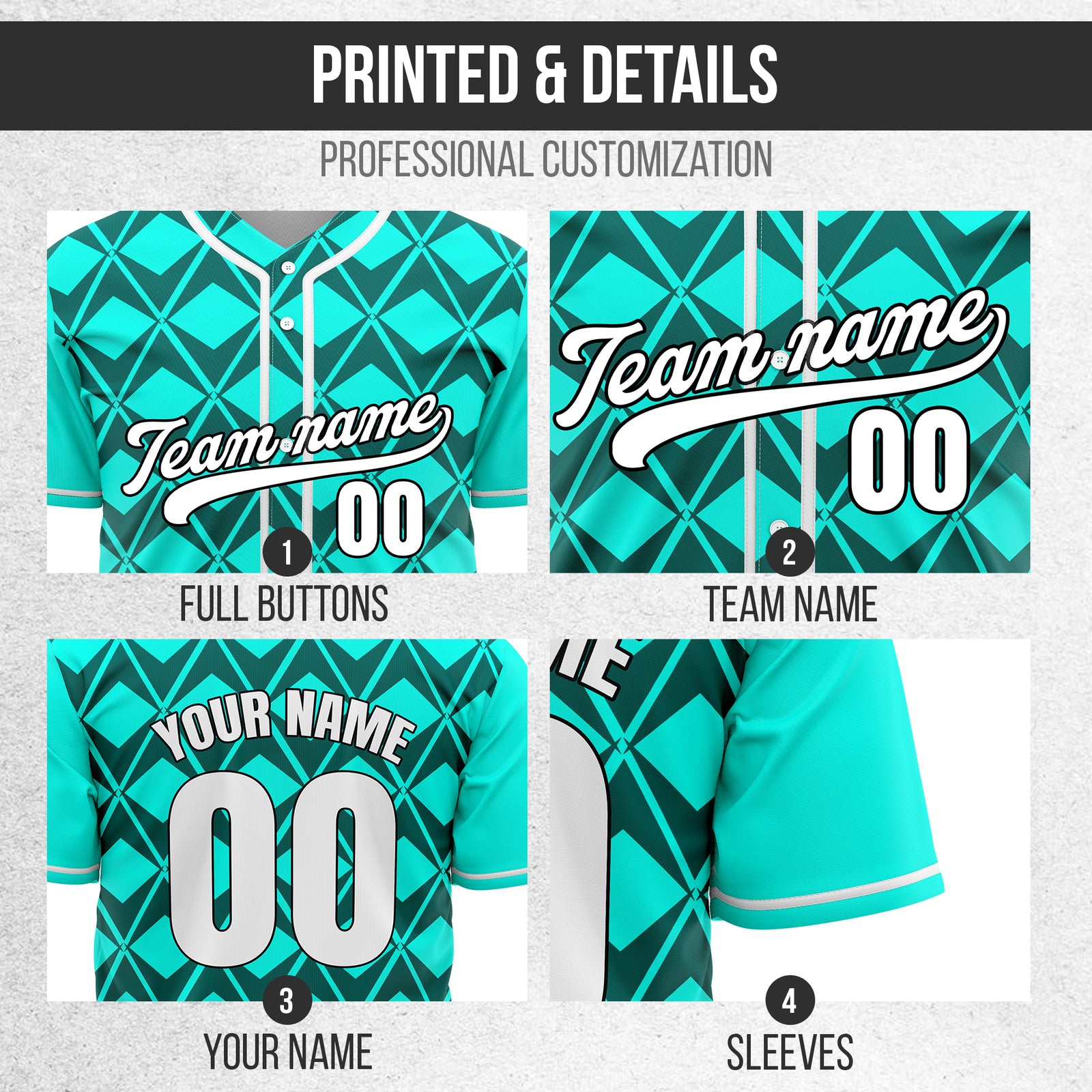 Custom Rhombus Blaze Aqua Baseball Sports Jersey Personalized Uniform with Name & Number