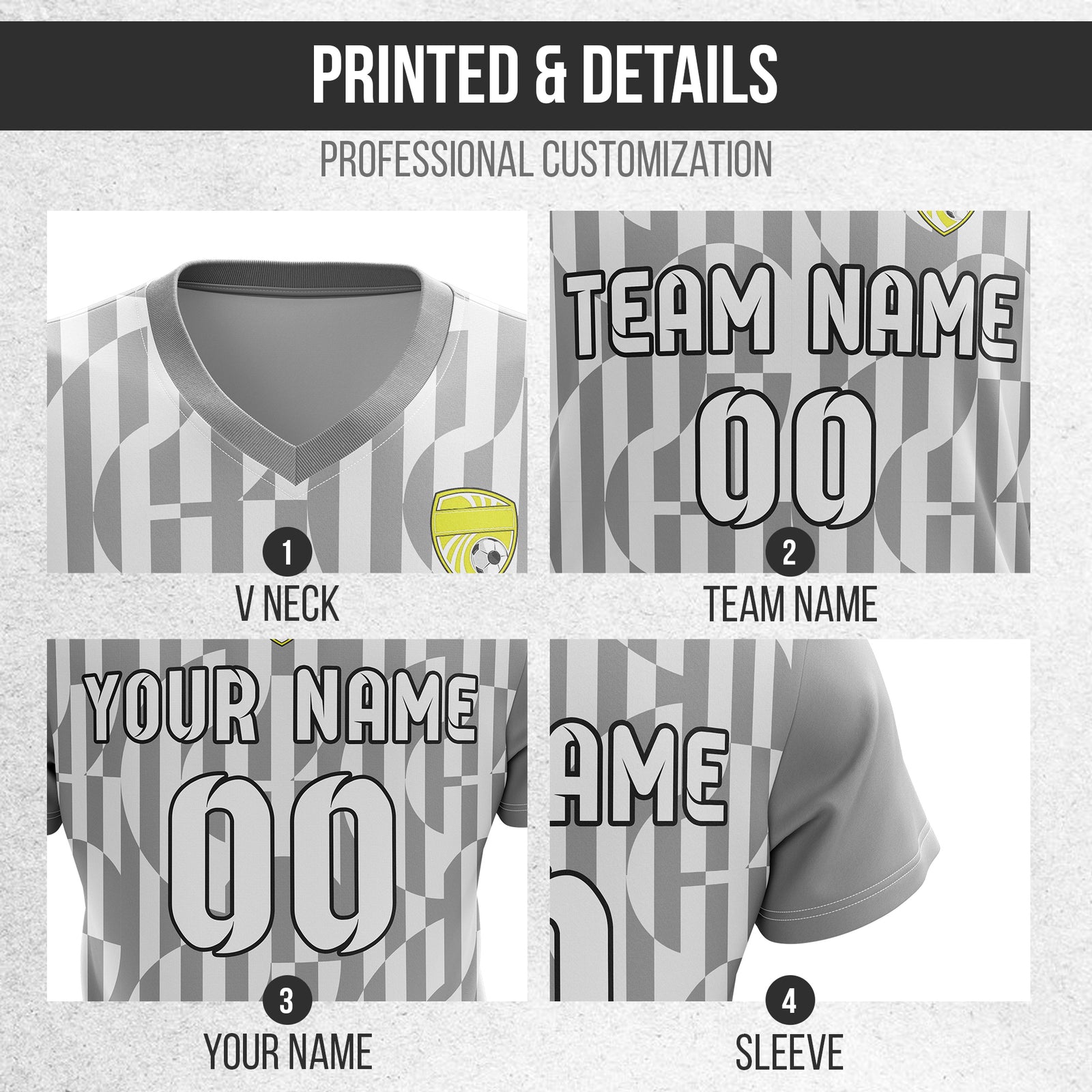 Custom Pulse Grid V-Full Pattern Grey Soccer sport Tops Jersey