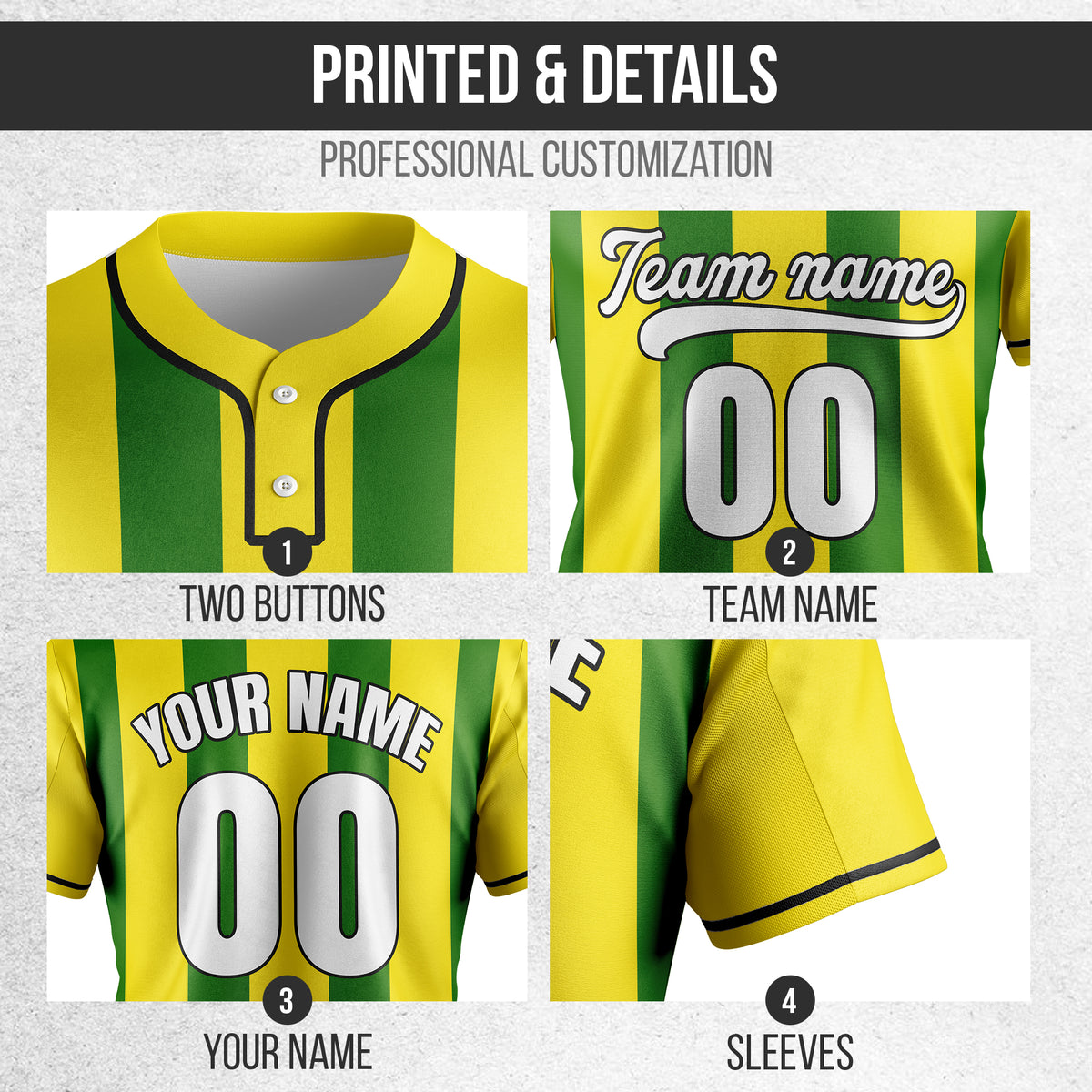 Custom Dual Stripe Yellow Baseball Sports Jersey Personalized Uniform with Name & Number