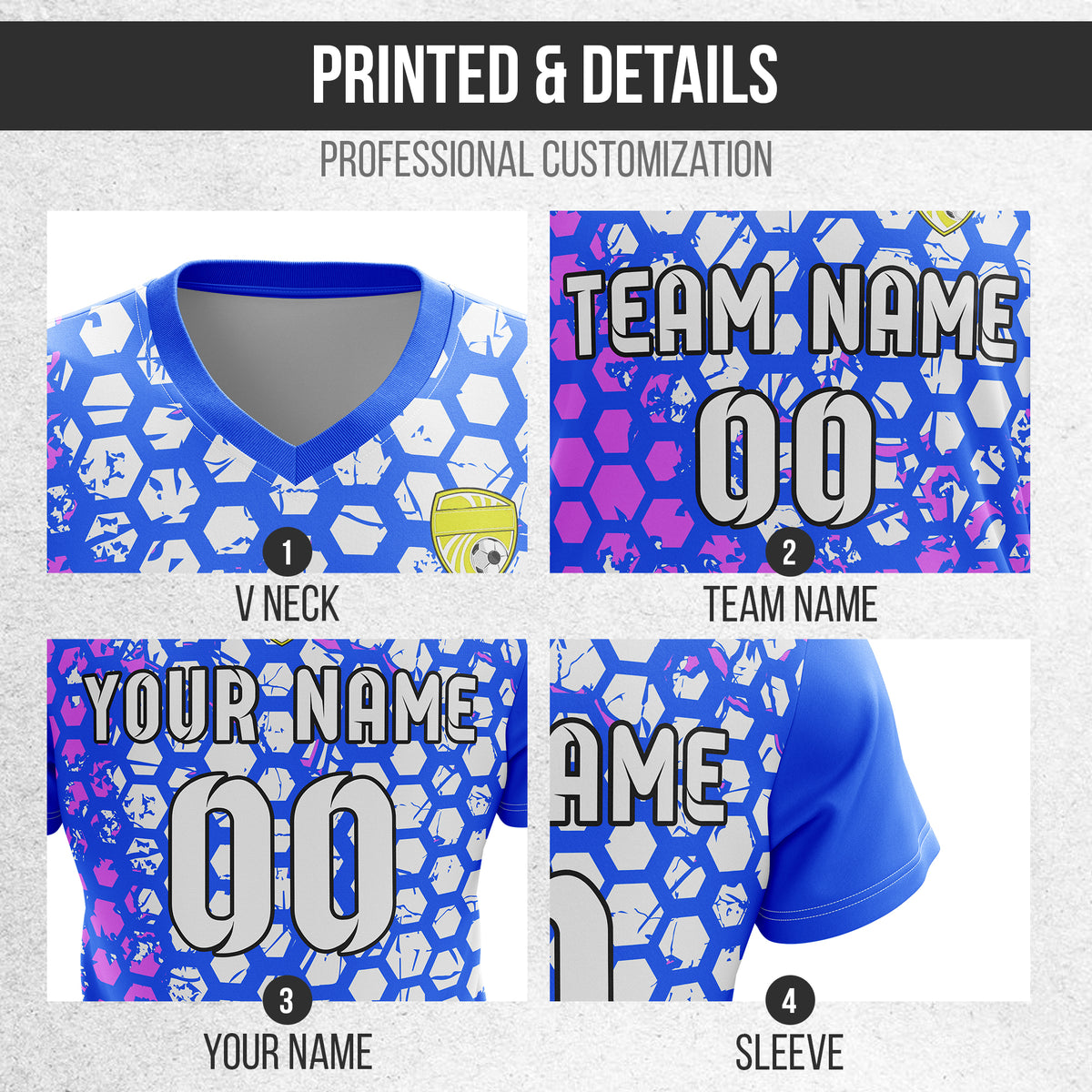 Custom Hex V-Full Pattern Blue Soccer sport Tops Jersey