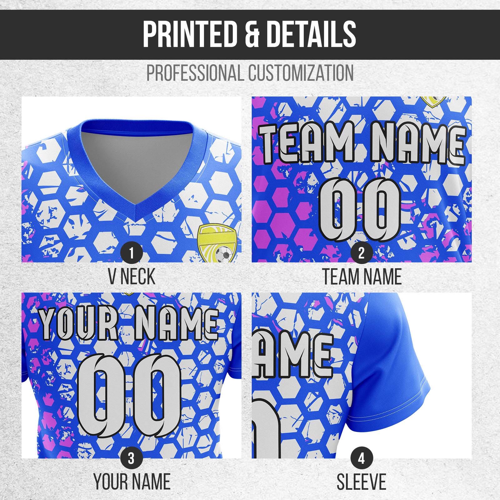 Custom Hex V-Full Pattern Blue Soccer sport Tops Jersey