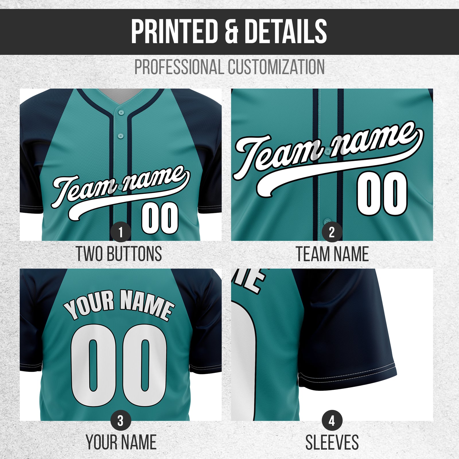 Custom Baseline Baseball Teal Sports Jersey Personalized Uniform with Name & Number