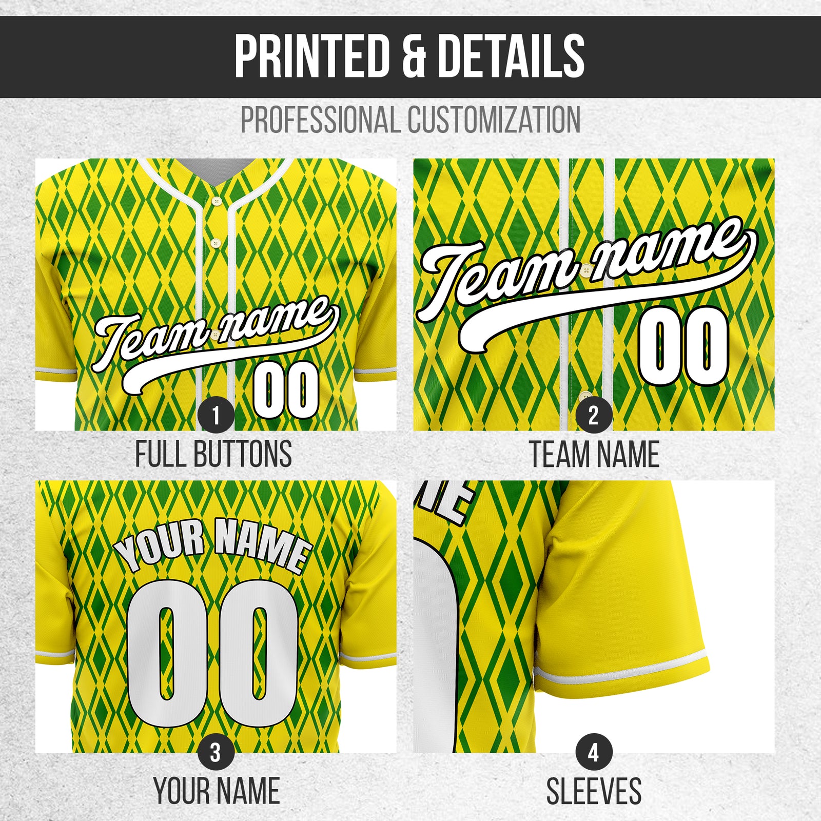 Custom Rhombic Edge Yellow Baseball Sports Jersey Personalized Uniform with Name & Number