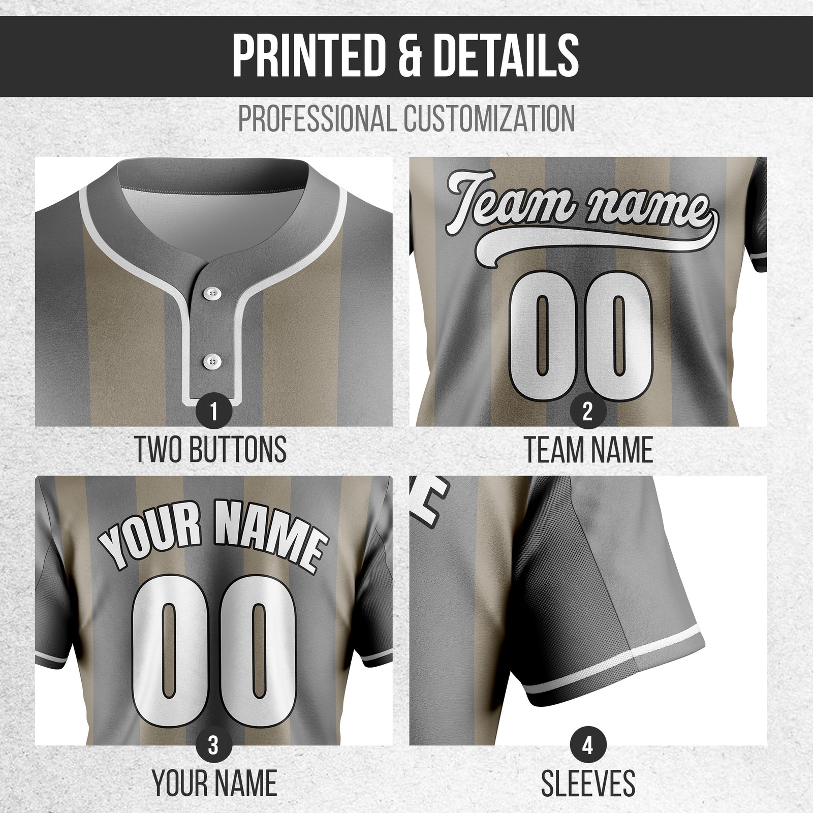 Custom Dual Stripe Grey Baseball Sports Jersey Personalized Uniform with Name & Number