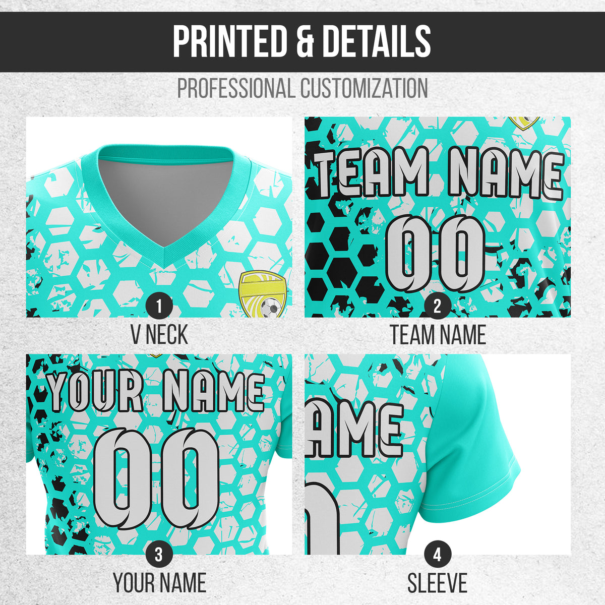 Custom Hex V-Full Pattern Aqua Soccer sport Tops Jersey