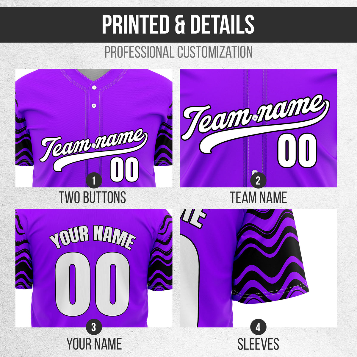 Custom Wave Purple Baseball Sports Jerseys Personalized Uniform with Name & Number