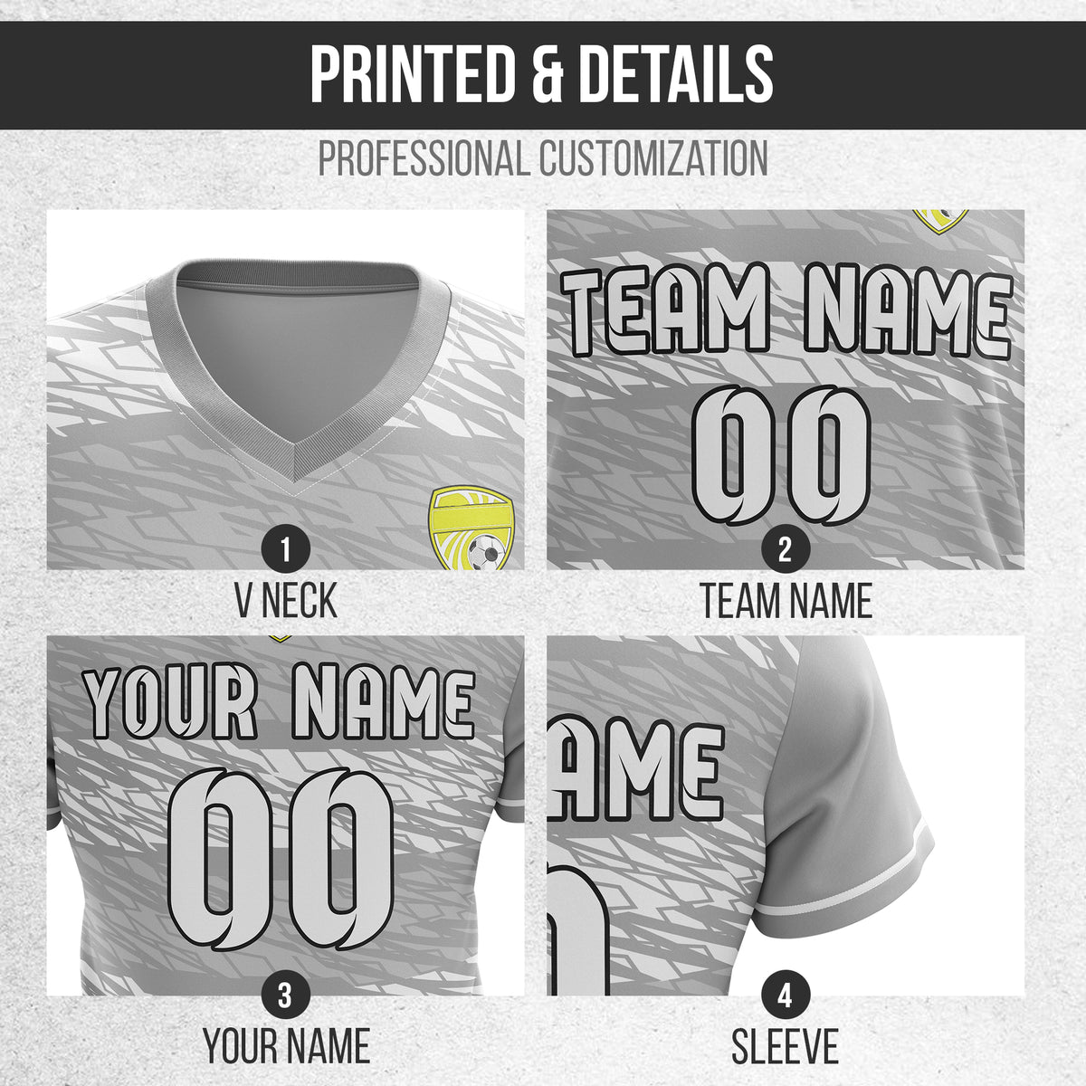 Custom Flare Strike V-Full Pattern Grey Soccer sport Tops Jersey