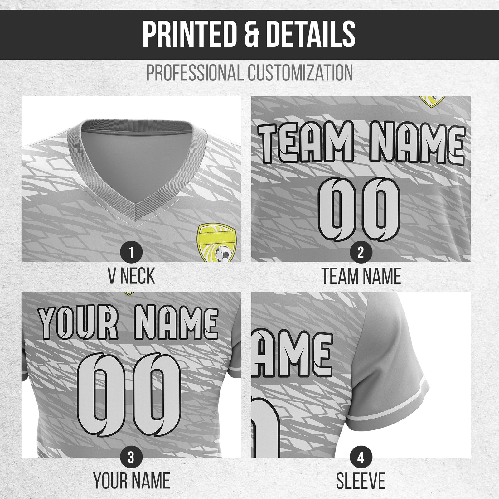 Custom Flare Strike V-Full Pattern Grey Soccer sport Tops Jersey