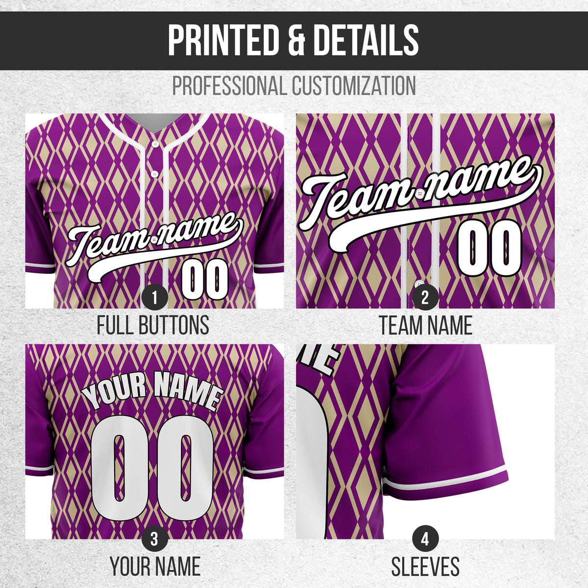 Custom Rhombic Edge Purple Baseball Sports Jersey Personalized Uniform with Name & Number