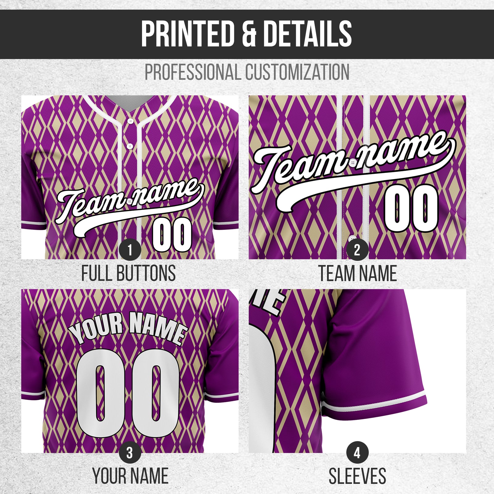Custom Rhombic Edge Purple Baseball Sports Jersey Personalized Uniform with Name & Number