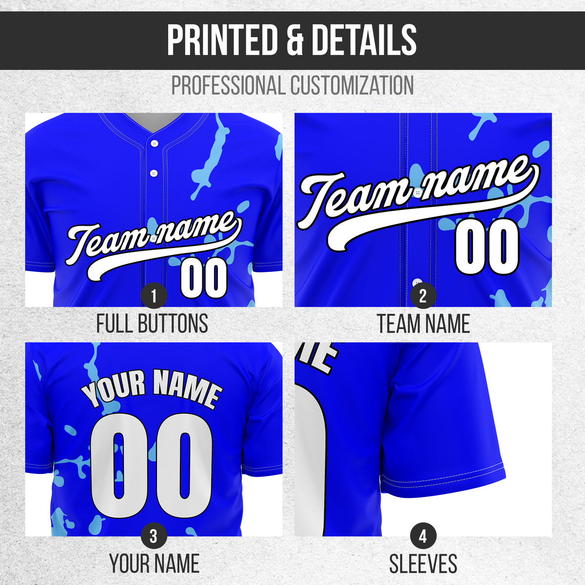 Custom Ink Paint Pop Blue Baseball Sports Jersey Personalized Uniform with Name & Number