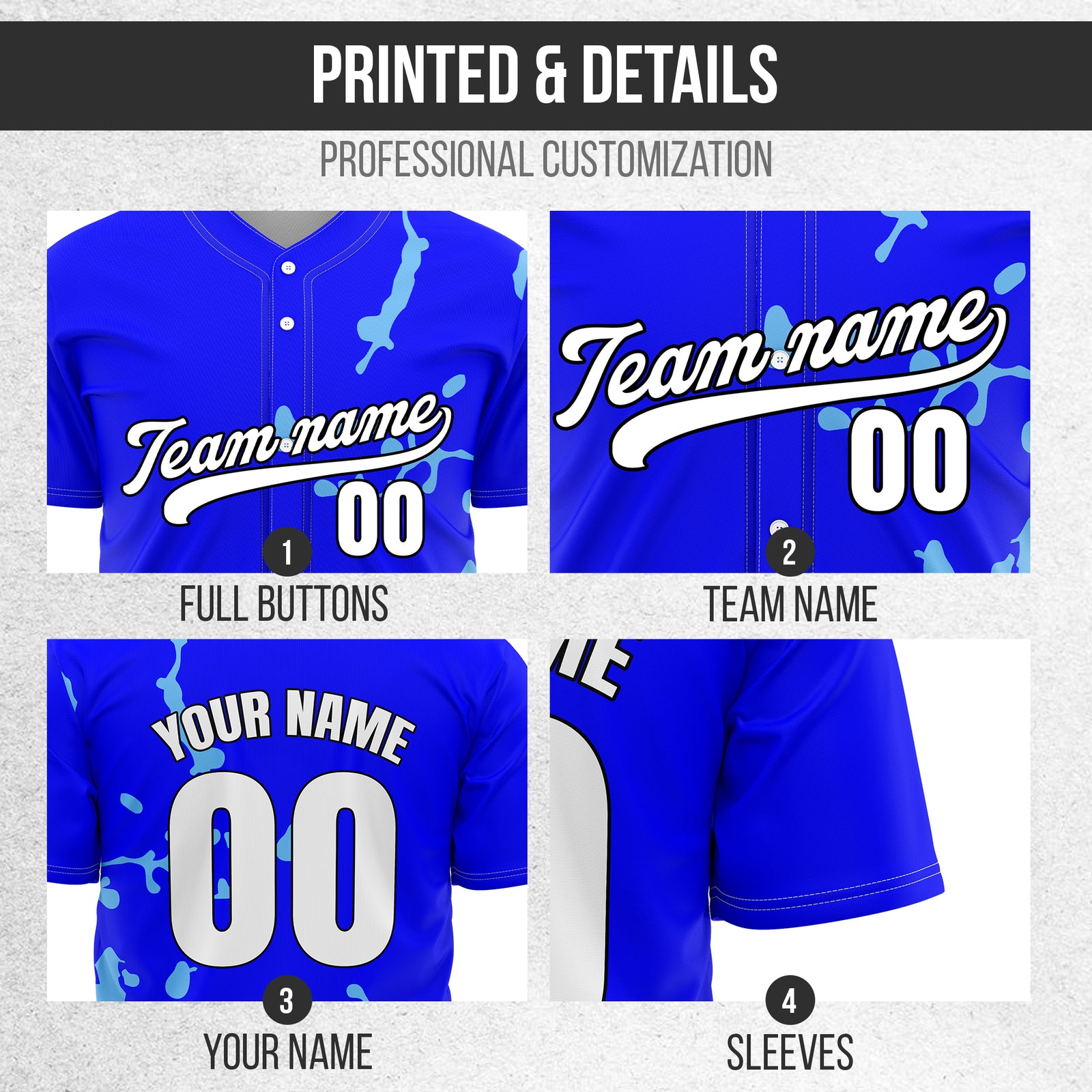 Custom Ink Paint Pop Blue Baseball Sports Jersey Personalized Uniform with Name & Number