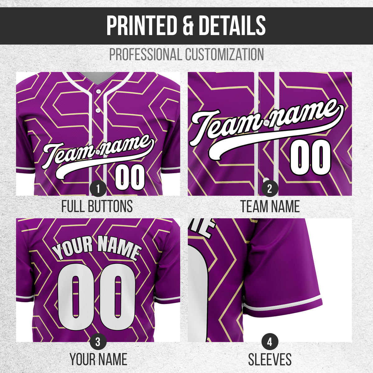 Custom Rhombus Rush Purple Baseball Sports Jersey Personalized Uniform with Name & Number