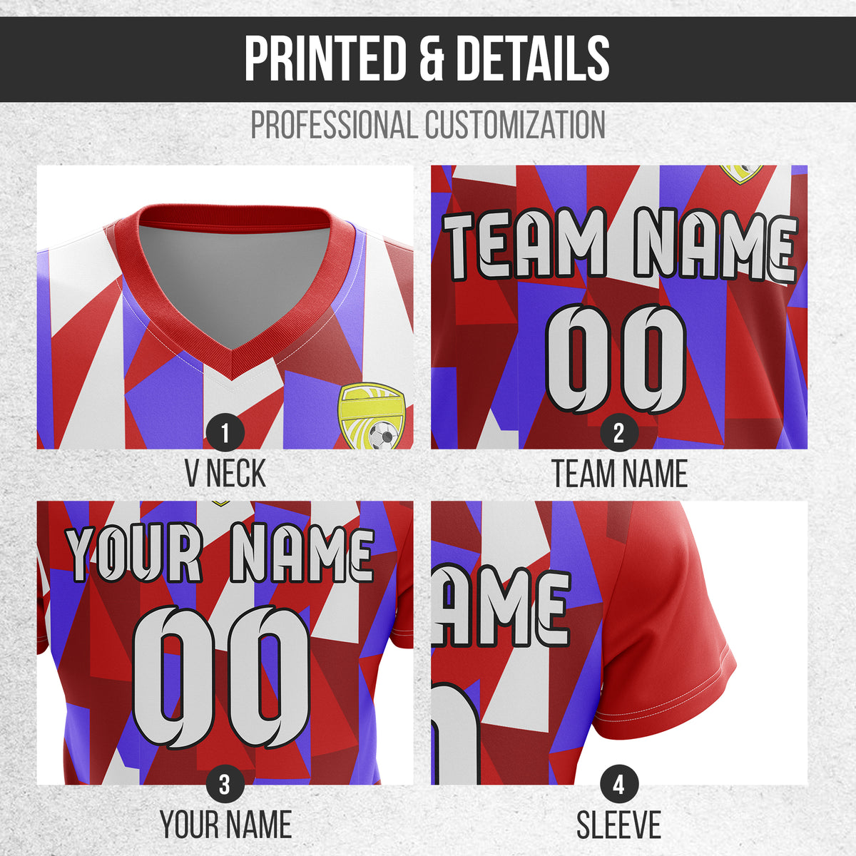 Custom Crystal V-Full Pattern Red Soccer sport Tops Jersey