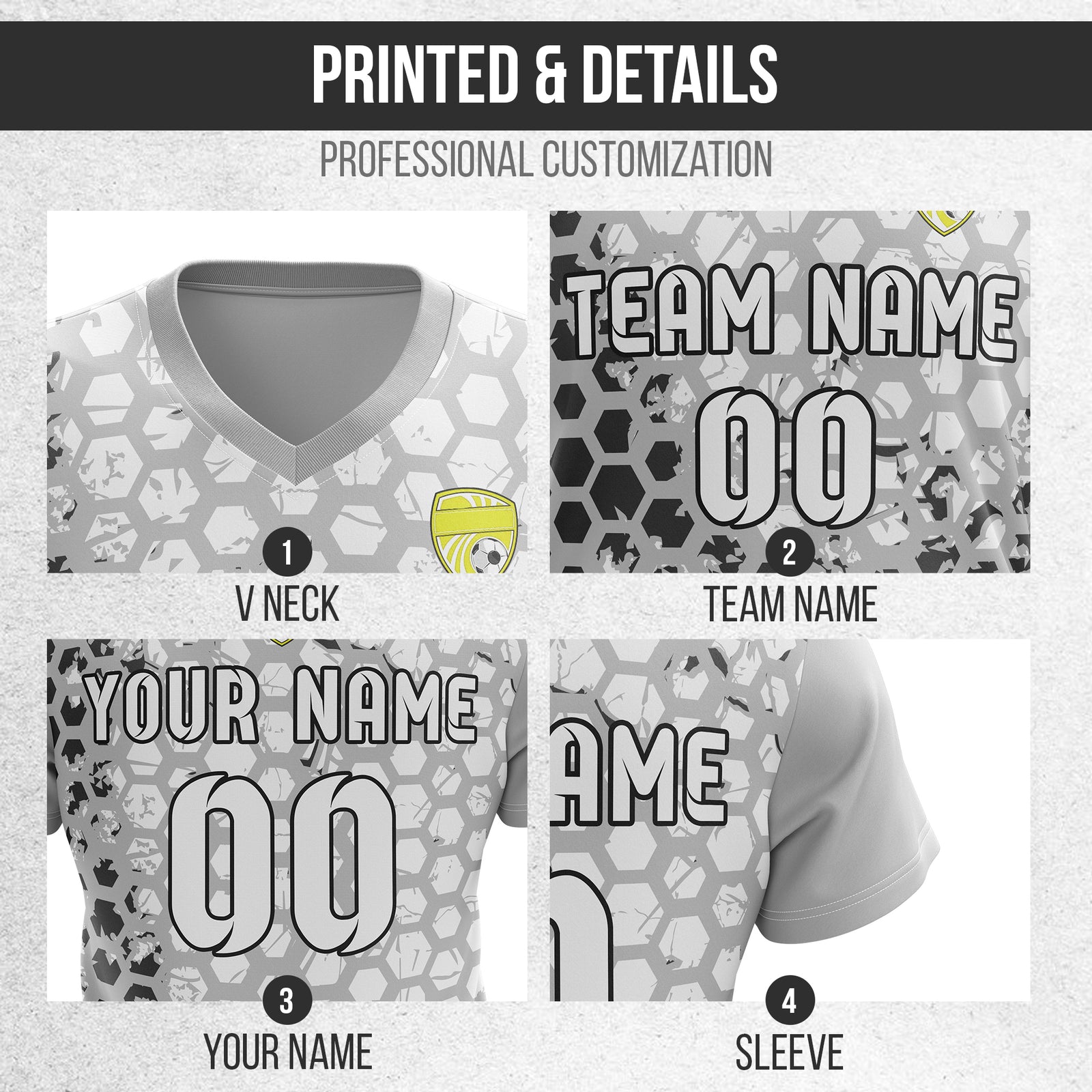 Custom Hex V-Full Pattern Grey Soccer sport Tops Jersey