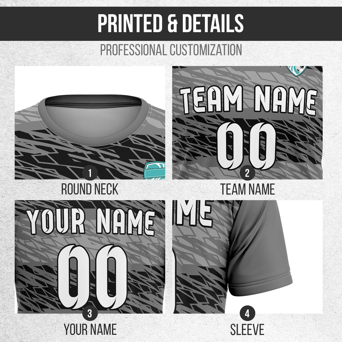 Custom Flare Strike R-Full Pattern Soccer Dark Grey Sport Tops Jersey