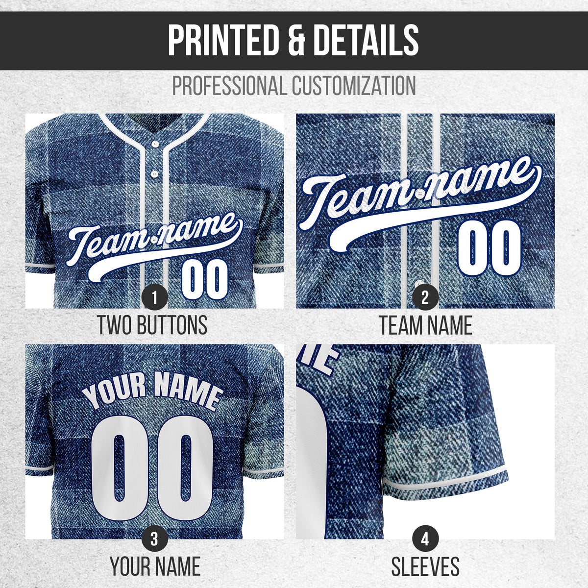 Custom Deep Indigo Denim Baseball Sports Jersey Personalized Uniform with Name & Number