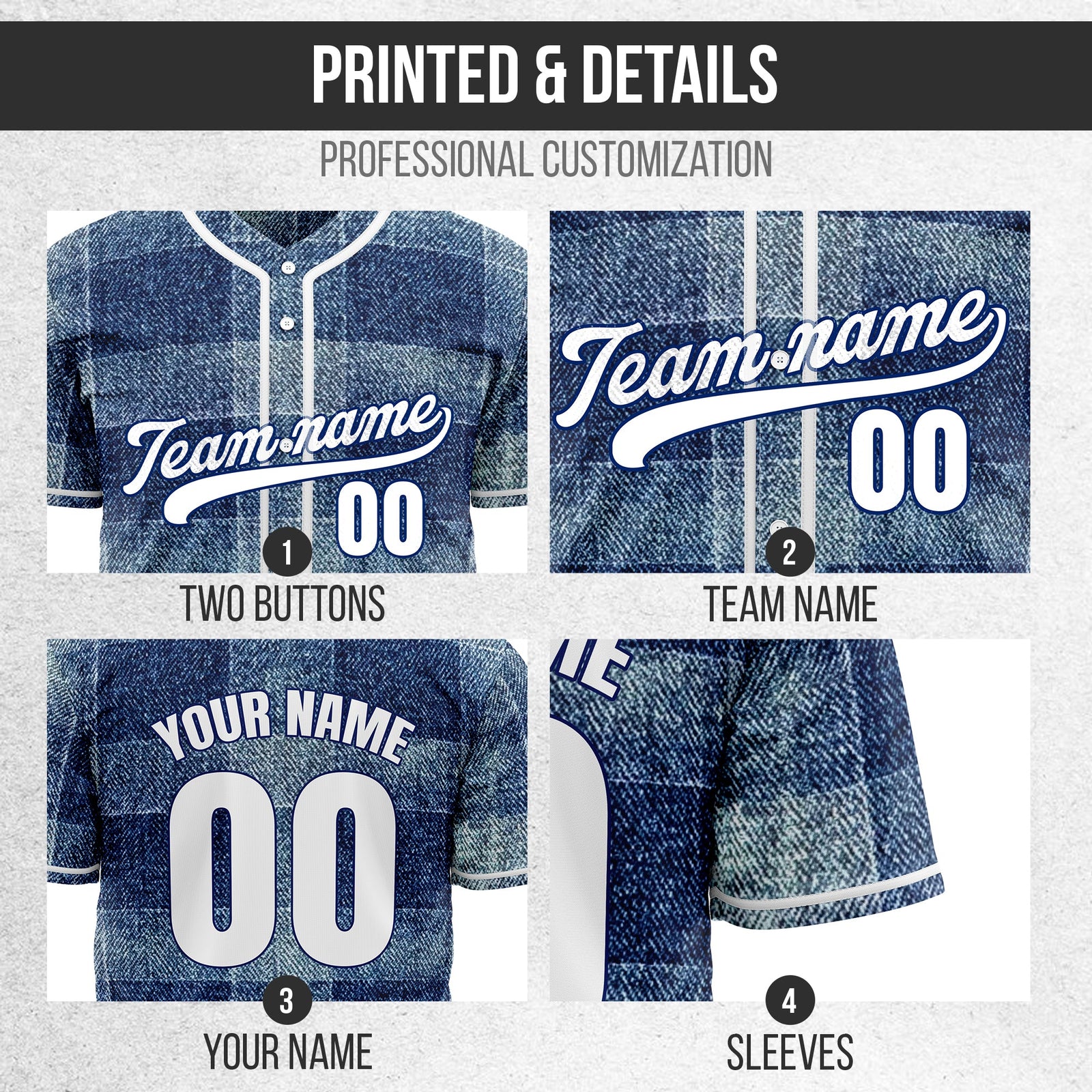 Custom Deep Indigo Denim Baseball Sports Jersey Personalized Uniform with Name & Number