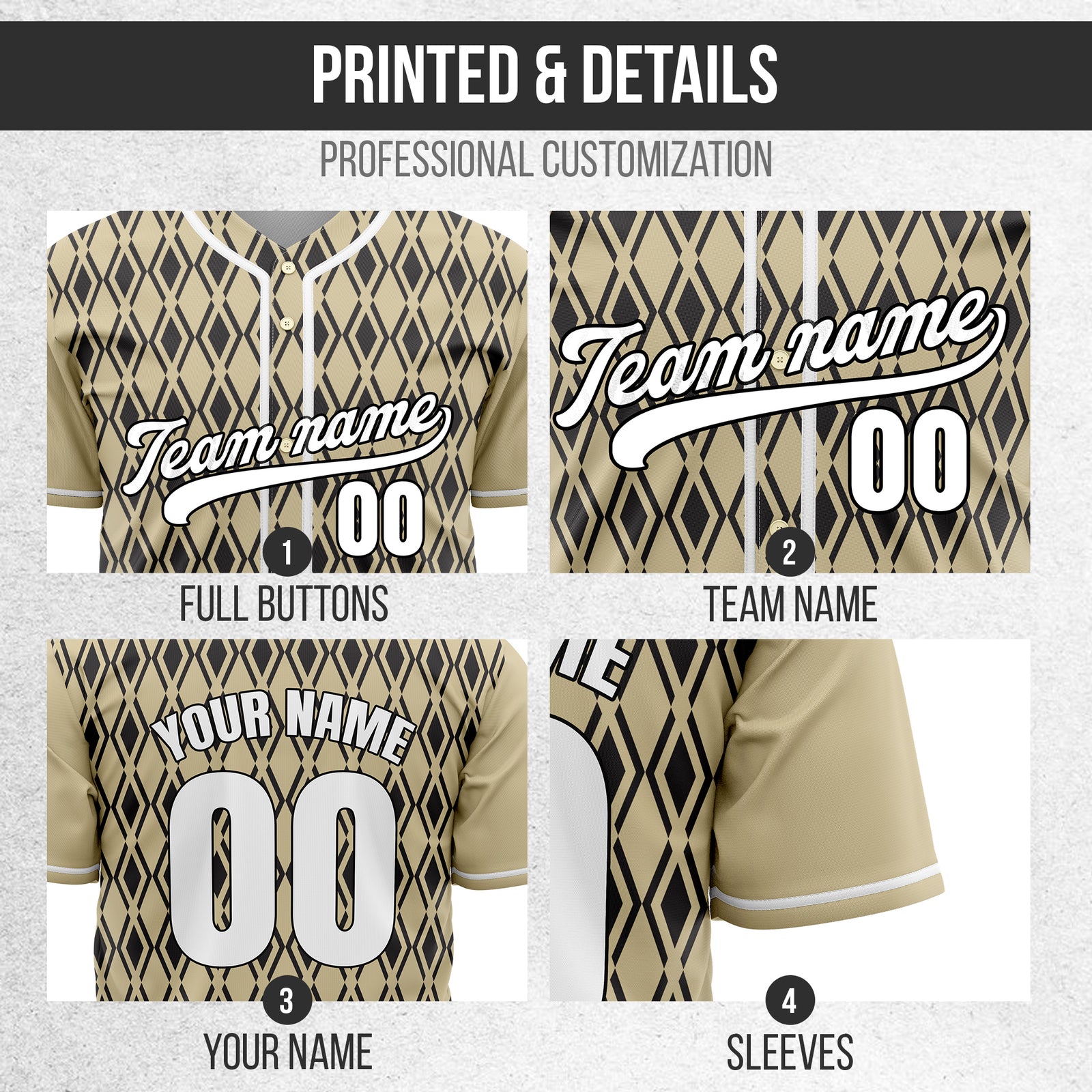 Custom Rhombic Edge Khaki Baseball Sports Jersey Personalized Uniform with Name & Number