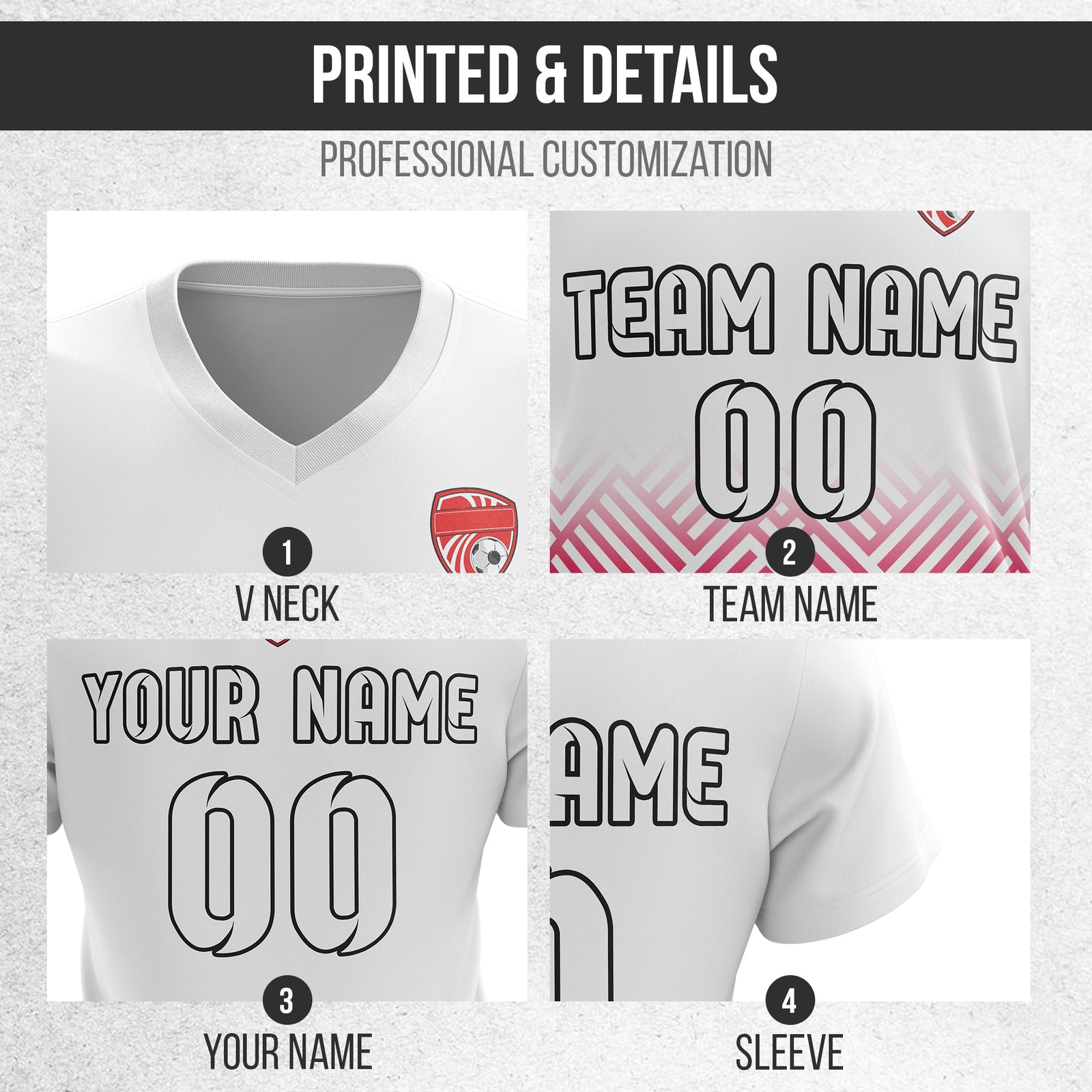 Custom Shadow Line V-Side Pattern White Soccer sport Tops Jersey