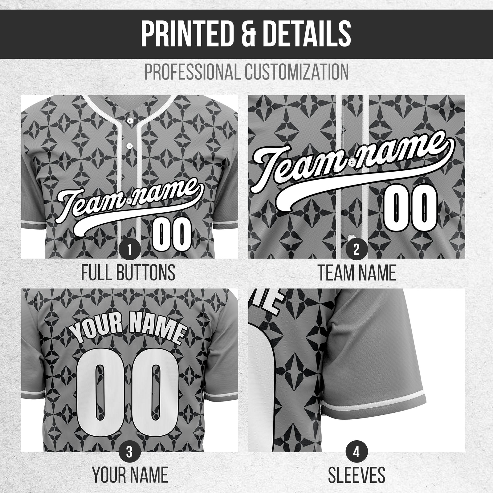 Custom Rhombic Grey Baseball Sports Jersey Personalized Uniform with Name & Number