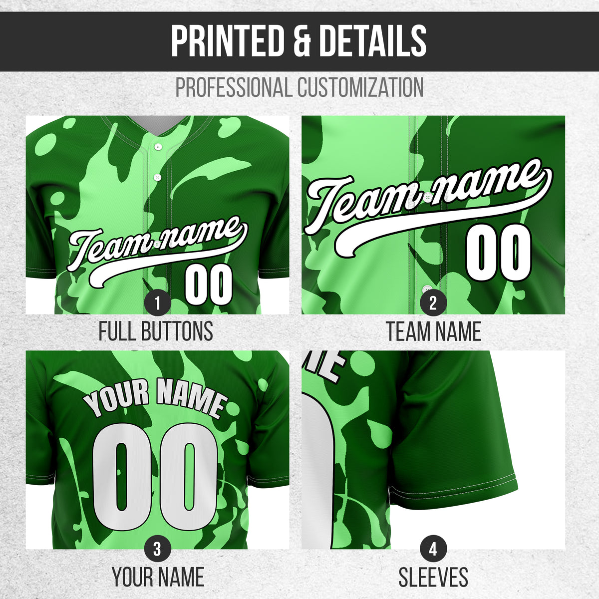 Custom Ink Splash Green Baseball Sports Jersey Personalized Uniform with Name & Number