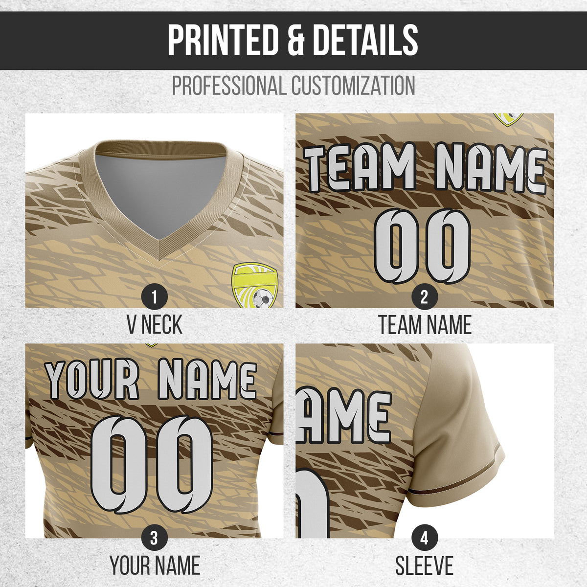 Custom Flare Strike V-Full Pattern khaki Soccer sport Tops Jersey