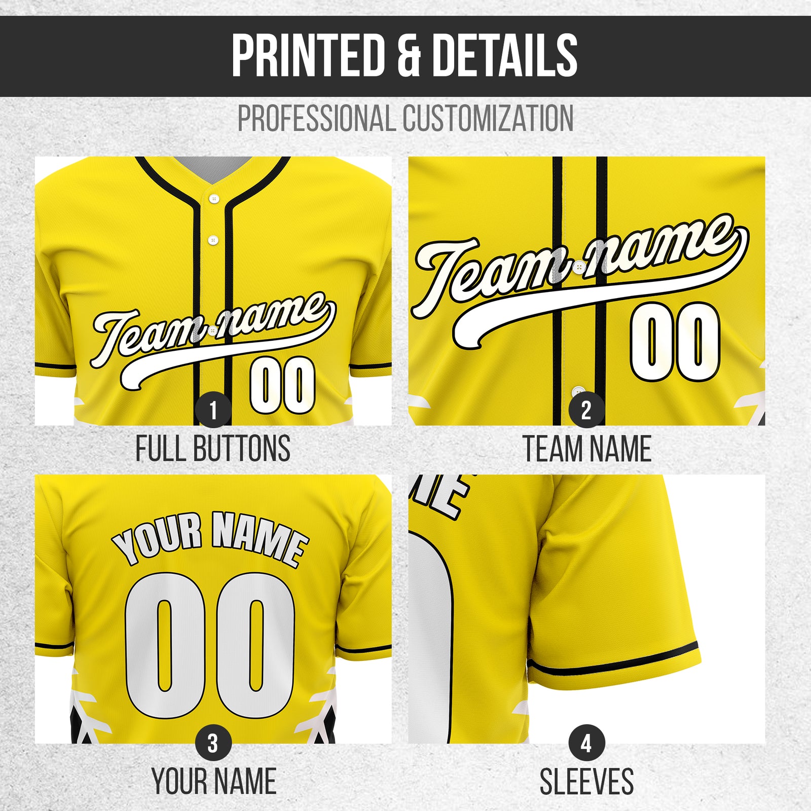 Custom Stitchline Baseball Yellow Sports Jersey Personalized Uniform with Name & Number