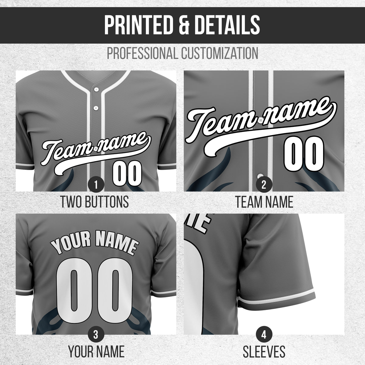 Custom Shadow Flames Grey Baseball Sports Jersey Personalized Uniform with Name & Number