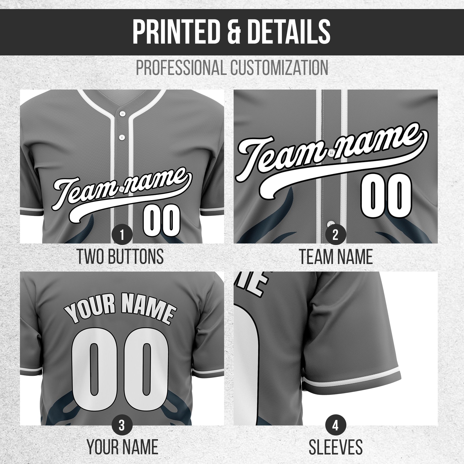 Custom Shadow Flames Grey Baseball Sports Jersey Personalized Uniform with Name & Number