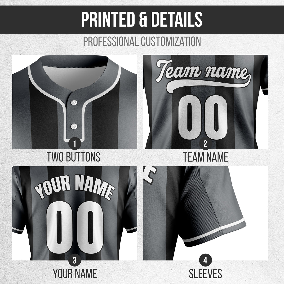 Custom Dual Stripe Dark Grey Baseball Sports Jersey Personalized Uniform with Name & Number